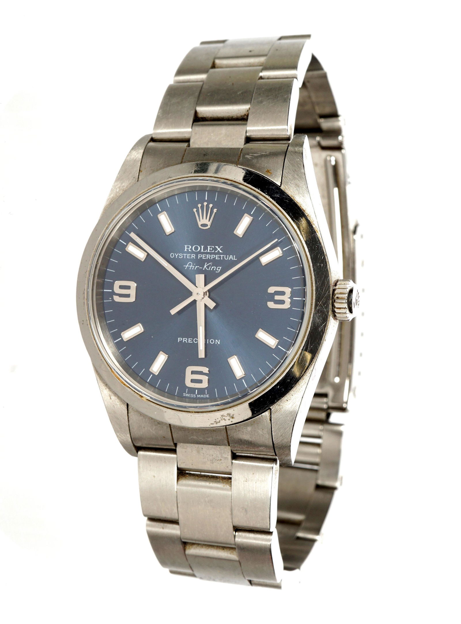 Men's Rolex Air-King Blue Dial Stainless Watch: Blue face dial with Rolex crown at 12:00, numbers, and hash marks, marked Rolex, Oyster Perpetual, Air-King. Stainless case and link band, 3 1/8" dial. Inscription March 24, 2007 on back. Sold with or