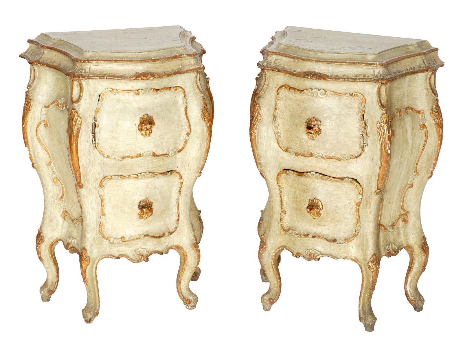 Pair Venetian Paint Decorated Commodes: Serpentine top with conforming single door over single drawer body, carved foliate and scroll accents, green and gilt paint decorated, on shaped legs. Overall 32" h. x 26" x 14.5". Condition: Chips, d