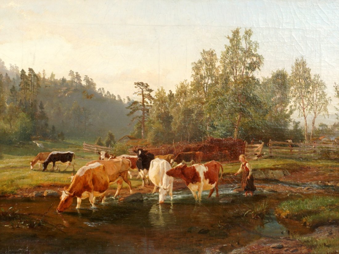 Anders Askevold Cows and Figures in Landscape: ASKEVOLD, Anders Monsen, (Norwegian, 1834-1900): Landscape scene depicting cows in a stream with maiden and other figures, Oil/Canvas, signed lower left, 18" x 24", framed 25.5" x 31.5". Condition: Re