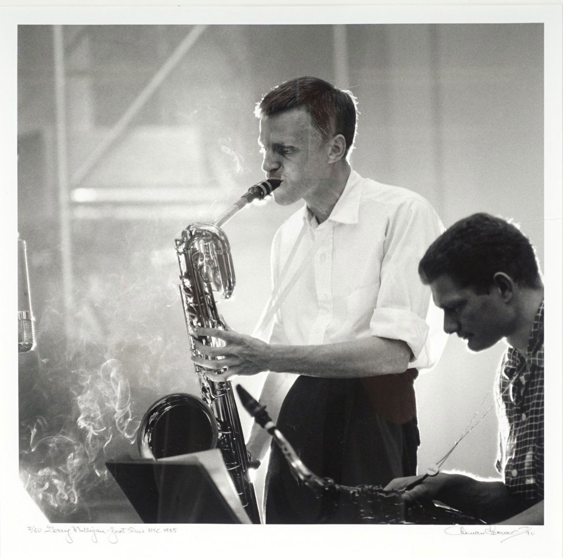 Herman Leonard Gerry Mulligan Zoot Photograph: LEONARD, Herman, (American, 1923-2010): "Gerry Mulligan - Zoot Series, NYC, 1955", Silver Gelatin print, pencil signed and dated '90 lower right, titled and numbered 2/50 lower left, image size 13" x