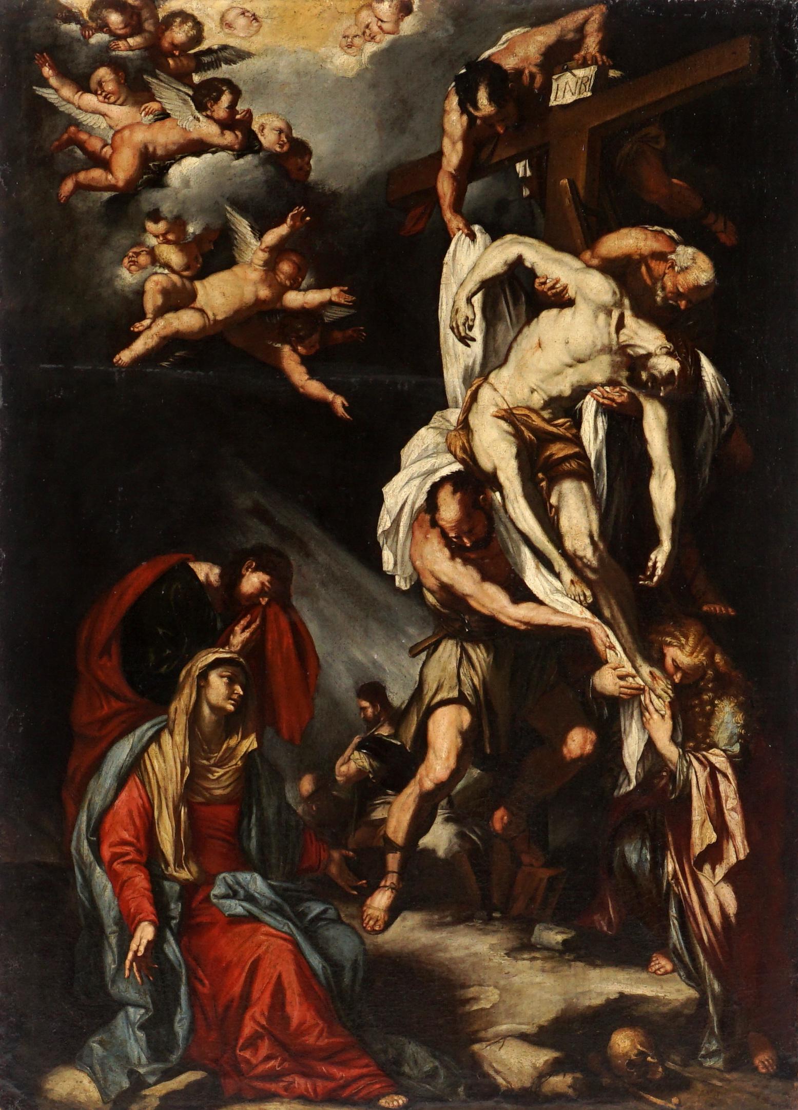Luca Giordano School Descent from the Cross: school of GIORDANO, Luca, (Italian, 1634-1705): Depiction of Christ Descent from the Cross with Joseph of Arimathea, Nicodemus, Mary, John the Baptist, Mary Magdalene, and angels, Oil/Canvas, no visib