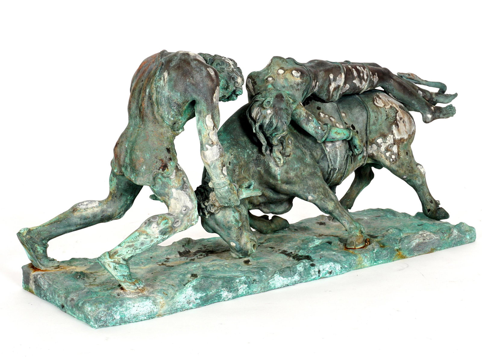 Vincenzo Cinque Abduction of Europa Bronze: CINQUE, Vincenzo, (Italian, 1852-1929): "The Abduction of Europa" cast bronze figural group, signed V. Cinque on base, overall 15" h. x 38" x 11". Condition: Obvious signs of weathering, verdigris, so
