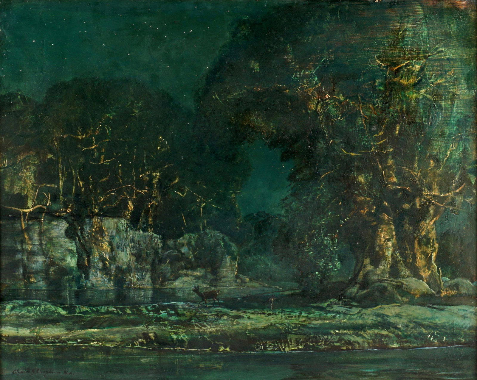 Charles Shepard Chapman Nocturnal Landscape: CHAPMAN, Charles Shepard, (American, 1879-1962): Dark nocturnal landscape with deer, Oil/Masonite, signed lower left, 24" x 30", Newcomb-Macklin framed 28.75" x 34.5". Condition: Chips to frame, could