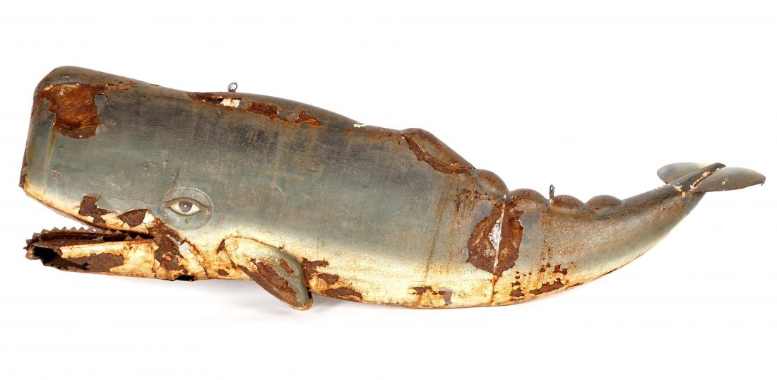 Antique Metal Sperm Whale Trade Sign: Hollow painted figure of a sperm whale, overall 47" x 13.5" x 4". Condition: Paint loss, rust, obvious signs of weathering.