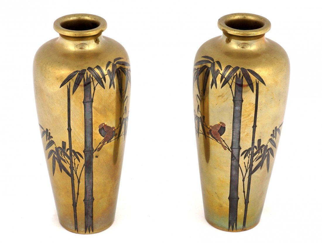 Pair Japanese Mixed Metal Vases: Meiji Period , mirror image with birds in bamboo, signed, overall 7.25" h. Condition: Dings and scratches.