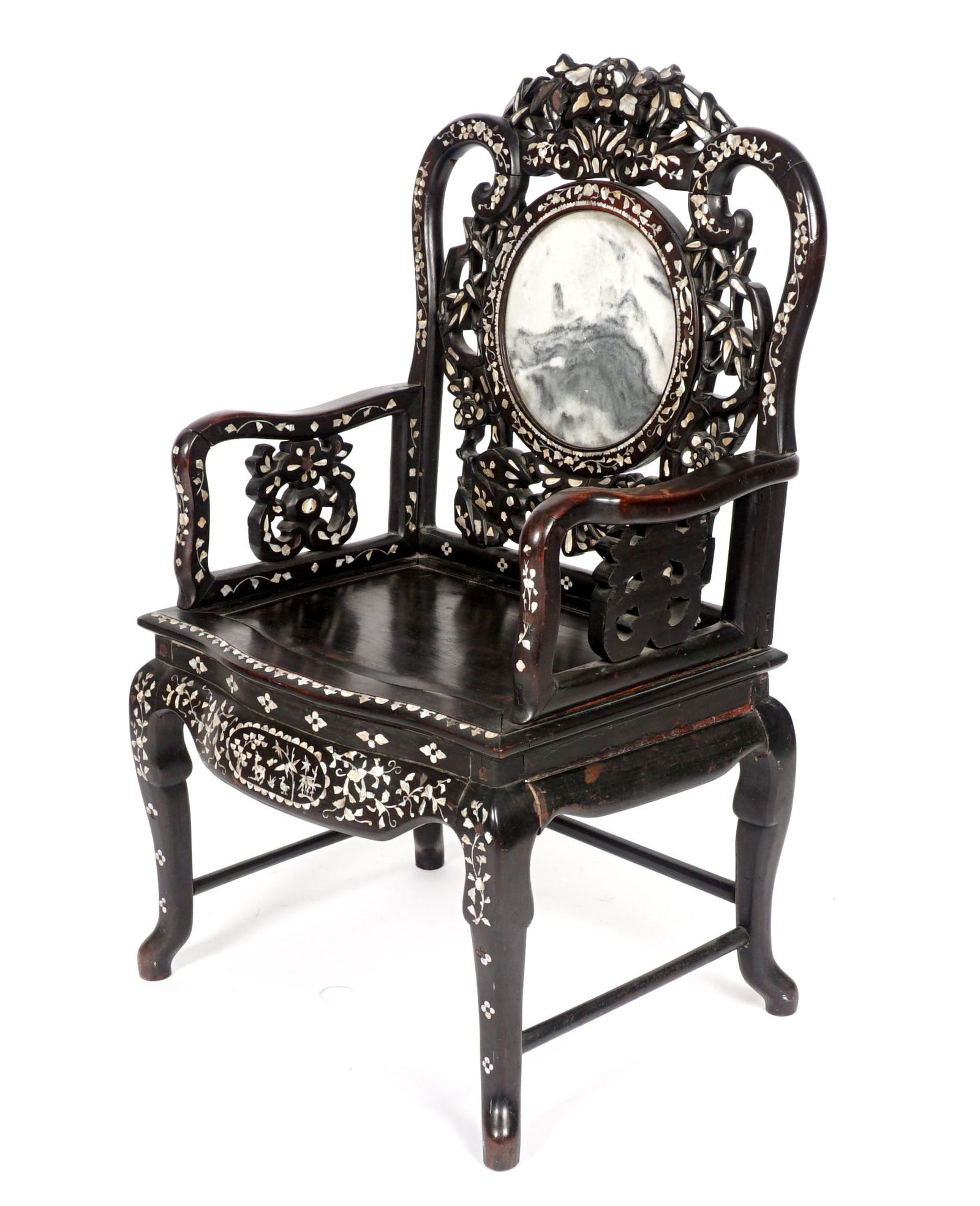 Chinese Marble Inset Mother of Pearl Inlaid Chair: Pierced carved hardwood armchair, inset marble moonstone medallion back, inlaid all over with mother of pearl accents, shaped skirt and legs. Overall 44" h. x 25" x 21". Condition: Scratches, repairs,