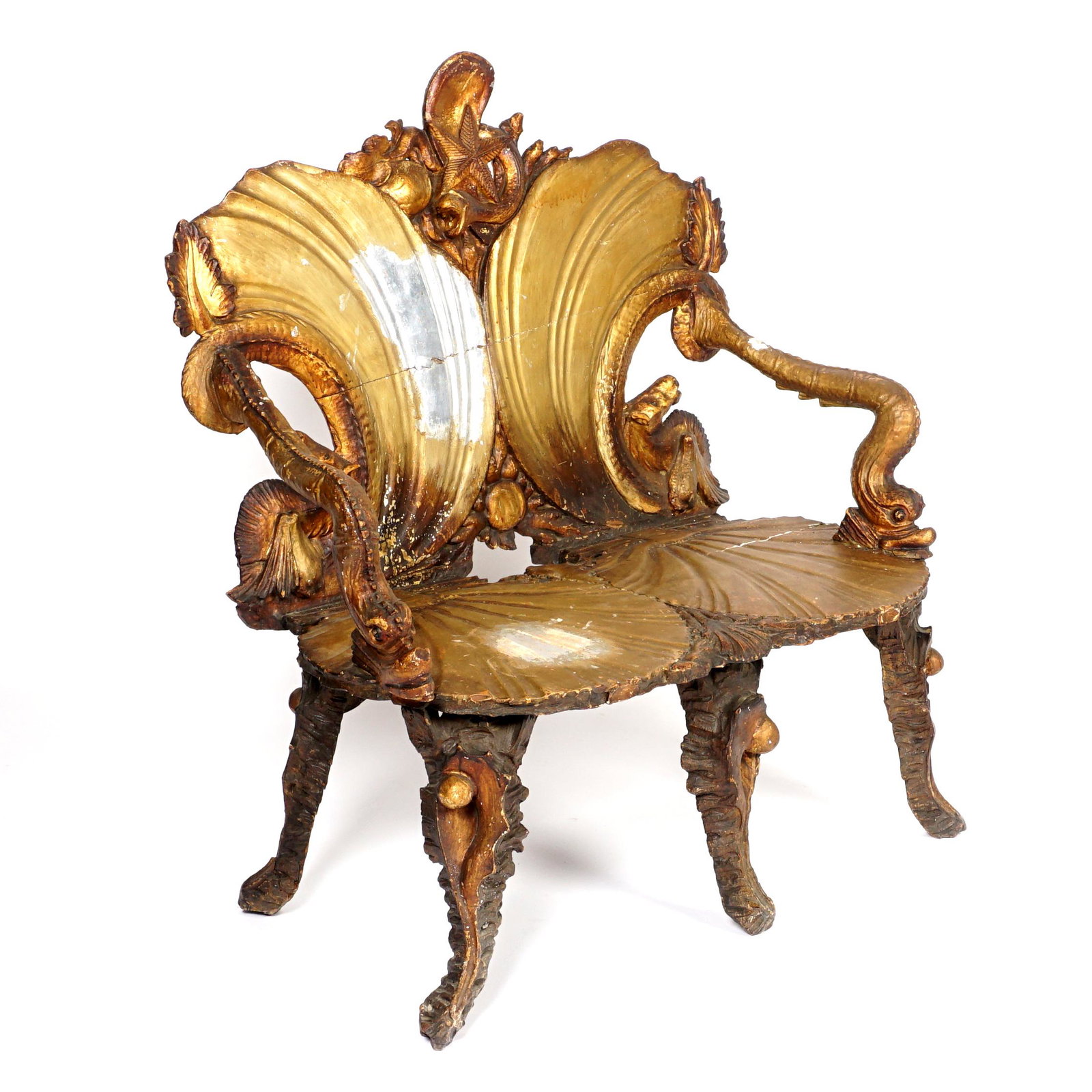 Antique Carved Venetian Grotto Settee: Double shell and seahorse back, center pierced crest with starfish and eel, figural dolphin arm rests, double shell seat, carved conch shell legs. Silver and gold gilt decorated, beautiful silver gilt