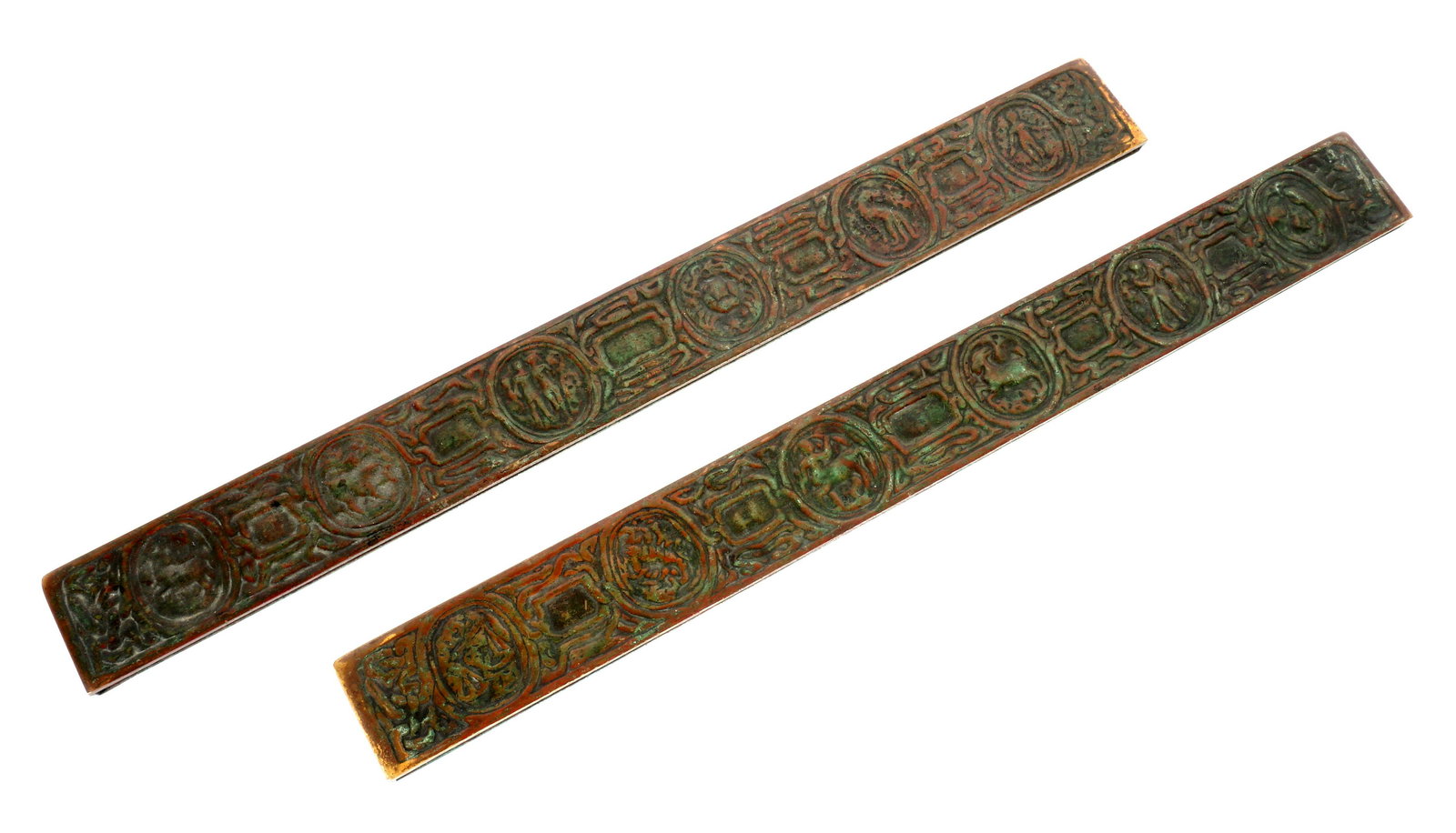 Pr Tiffany Studios Bronze Zodiac Blotter Ends 988: Long bronze blotter end in the Zodiac pattern by Tiffany Studios, 19.25" long.
