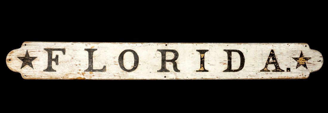 Antique Florida Riverboat Sign "Florida": 19th / early 20th Century carved and painted riverboat nameplate sign for the "Florida". Overall 84" x 10". Condition: Paint flake and weathering