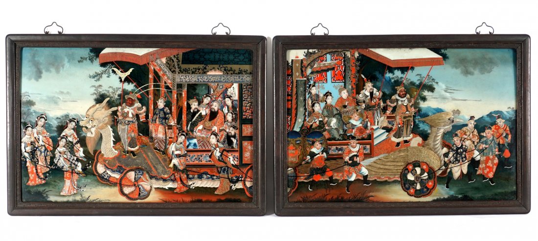 Pair 19th Century Chinese Reverse Painted Panels: Each depicting a royal procession with royalty and attendants seated in wagons with mythological creature heads pulled by servants. Sight size 22" x 33", framed 26" x 37". Not examined out of frame.
