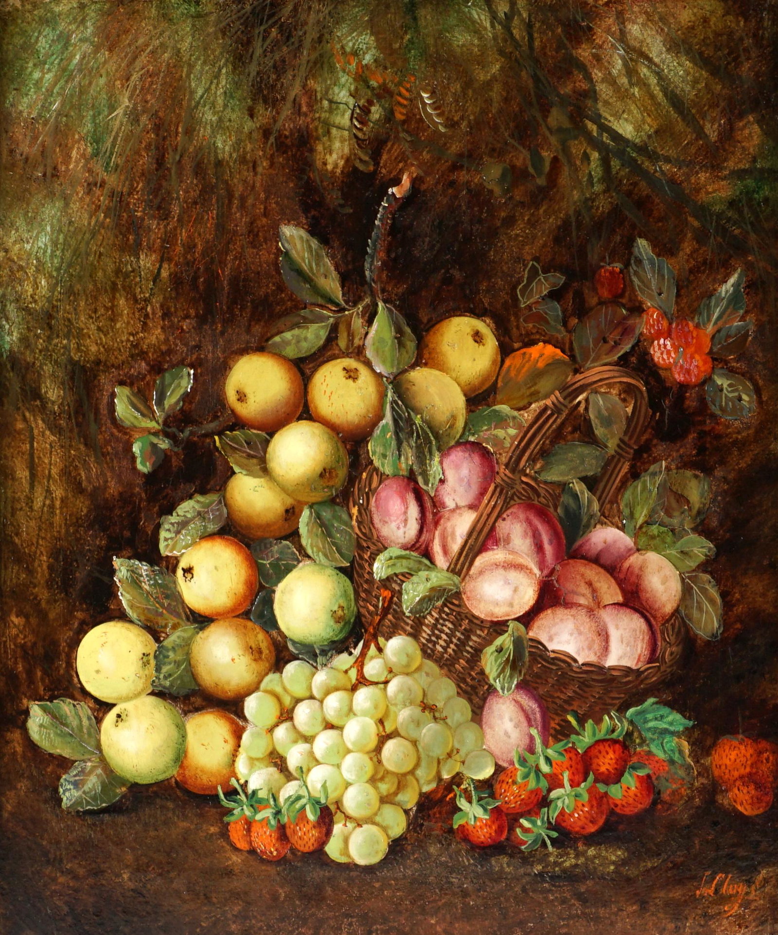 Julie Clays Still Life Painting: CLAYS, Julie, (19th Century): Still life of stacked assorted fruits, Oil/Canvas, signed lower right, 24" x 20.5", framed 31.25" x 27.25".