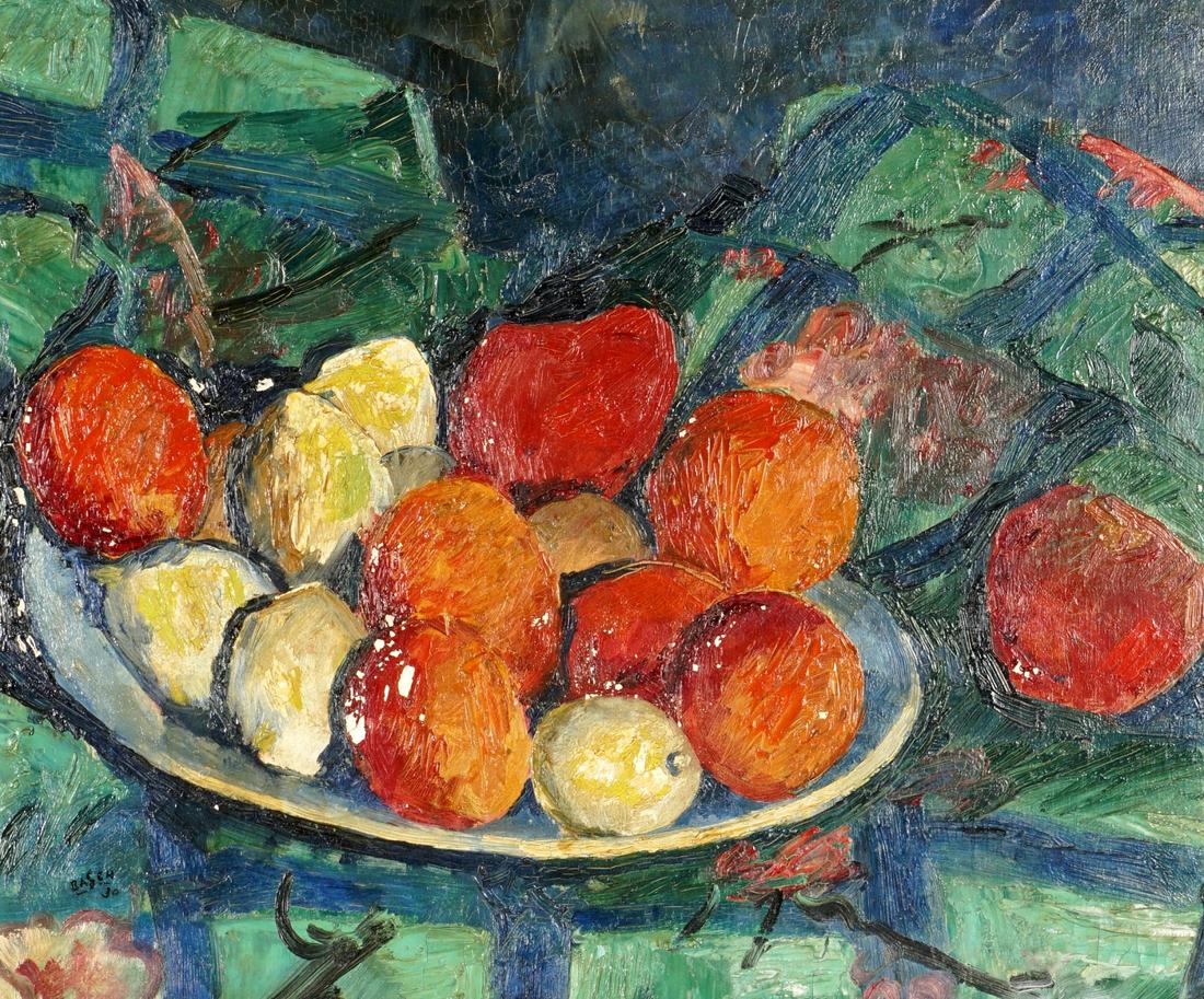 Andor Basch Still Life of Fruit in Bowl: BASCH, Andor, (Hungarian, 1885-1944): Still life of fruit in bowl on table, Oil/Canvas, signed and dated '30 lower left, 15" x 18", framed 16.5" x 20". Condition: Paint flake and loss, in need of stab