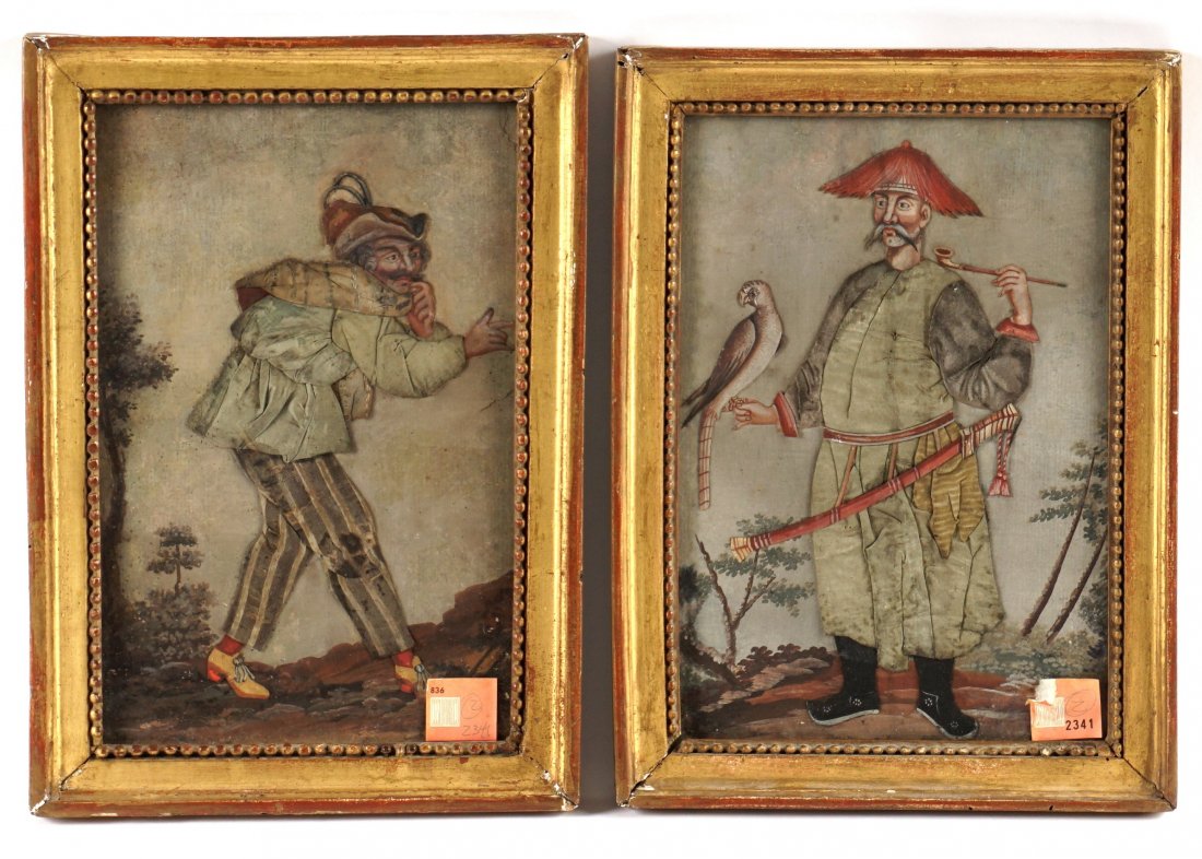 Two 19th Century French Paper & Silk Portraits: Two Early 19th Century oil on paper figures with silk clothing to include man walking in landscape and a Chinese falconer holding a pipe in landscape. No visible signatures, old G. C. Sloan auction st