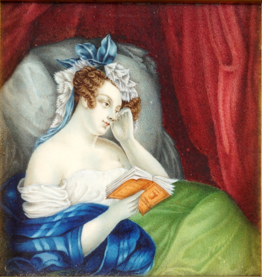19th Century Portrait of Woman Reading: Interior scene of a woman relaxing and reading a book, Oil on Vellum?, framed under glass in later frame. sight size 4" x 3.75", frame 5" x 4.75". One item of many in an old world collection from the