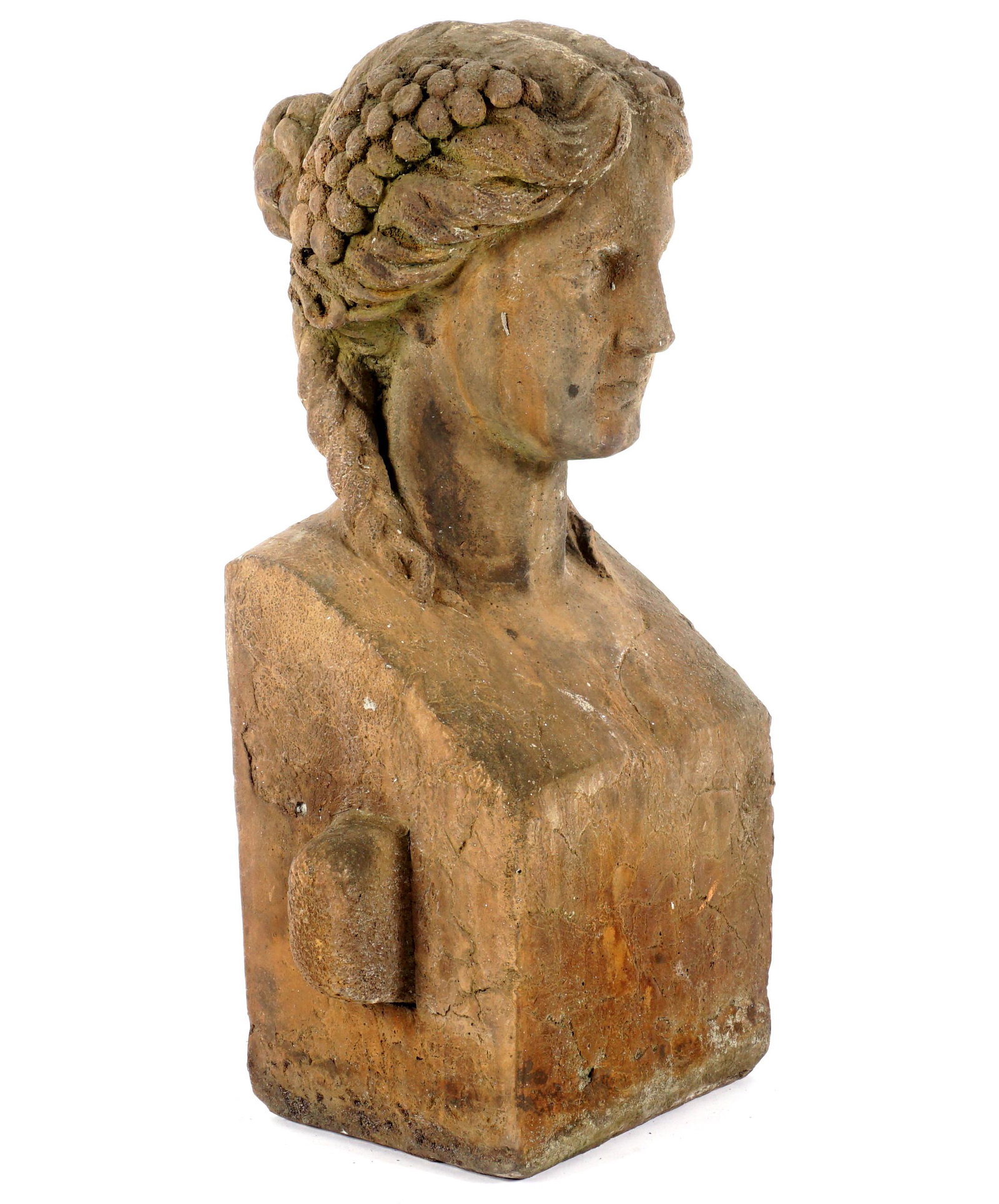 Cast Stone Neoclassical Maiden Bust: Classical bust of a maiden with braided hair, unsigned, overall 25.75" h. x 14.25" x 10.25". Condition: Obvious signs of weathering from outdoor exhibition.