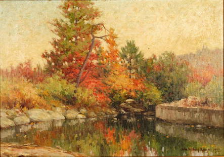 1922 John Willard Raught Pennsylvania Landscape: RAUGHT, John Willard, (American, 1857-1931): "The View at New Dinsmore Reservoir", Autumnal landscape, Oil/Canvas, signed and dated 1922 lower right, 14" x 20", framed 20" x 26". Condition: Could use