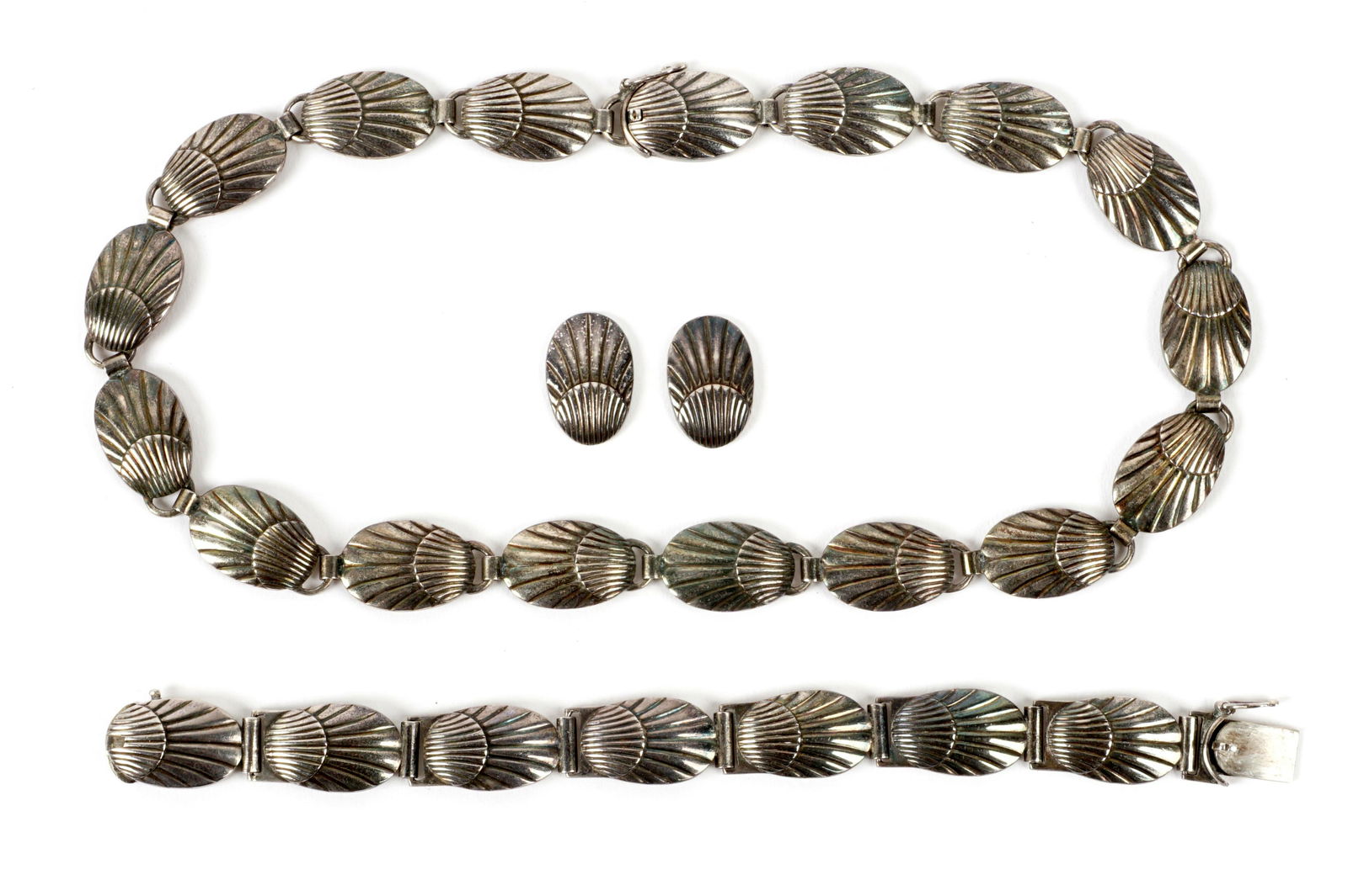 Georg Jensen Sterling Necklace, Bracelet, Earrings: Pattern #77, with scallop shell design, each well marked, necklace 14.25" long, bracelet 5.75" long, earrings .75.
