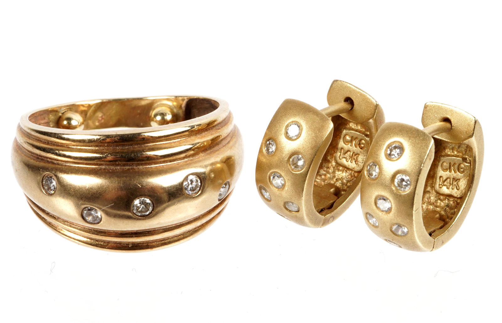 14k Gold & Diamond Cigar Band Ring & Earrings: 14k cigar band ring with five accent diamond chips, size 4 with two ring sizer balls. Sold with matching hoop earrings, .5" dia. Approx. 7 grams.
