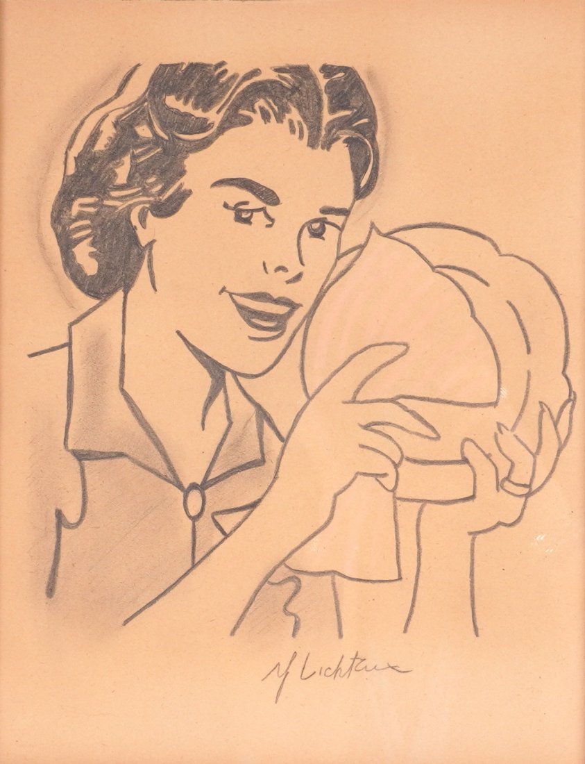 Attrib. Roy Lichtenstein Mixed Media Study: attributed LICHTENSTEIN, Roy, (American, 1923-1997): Study for "Woman with a Dish Rag", Graphite and Colored Pencil on Paper, signed lower right, 1995 Leo Castelli certificate verso, sight size 13.5"