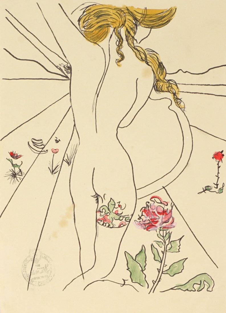 attrib. Salvador Dali Untitled Mixed Media Nude: attrib. DALI, Salvador, (Spanish, 1903-1989): Untitled drawing of a nude woman from behind, Mixed Media Pen, Watercolor, Gouache/Paper laid on wood panel, bears the stamp of the Cadaques Dali Museum,