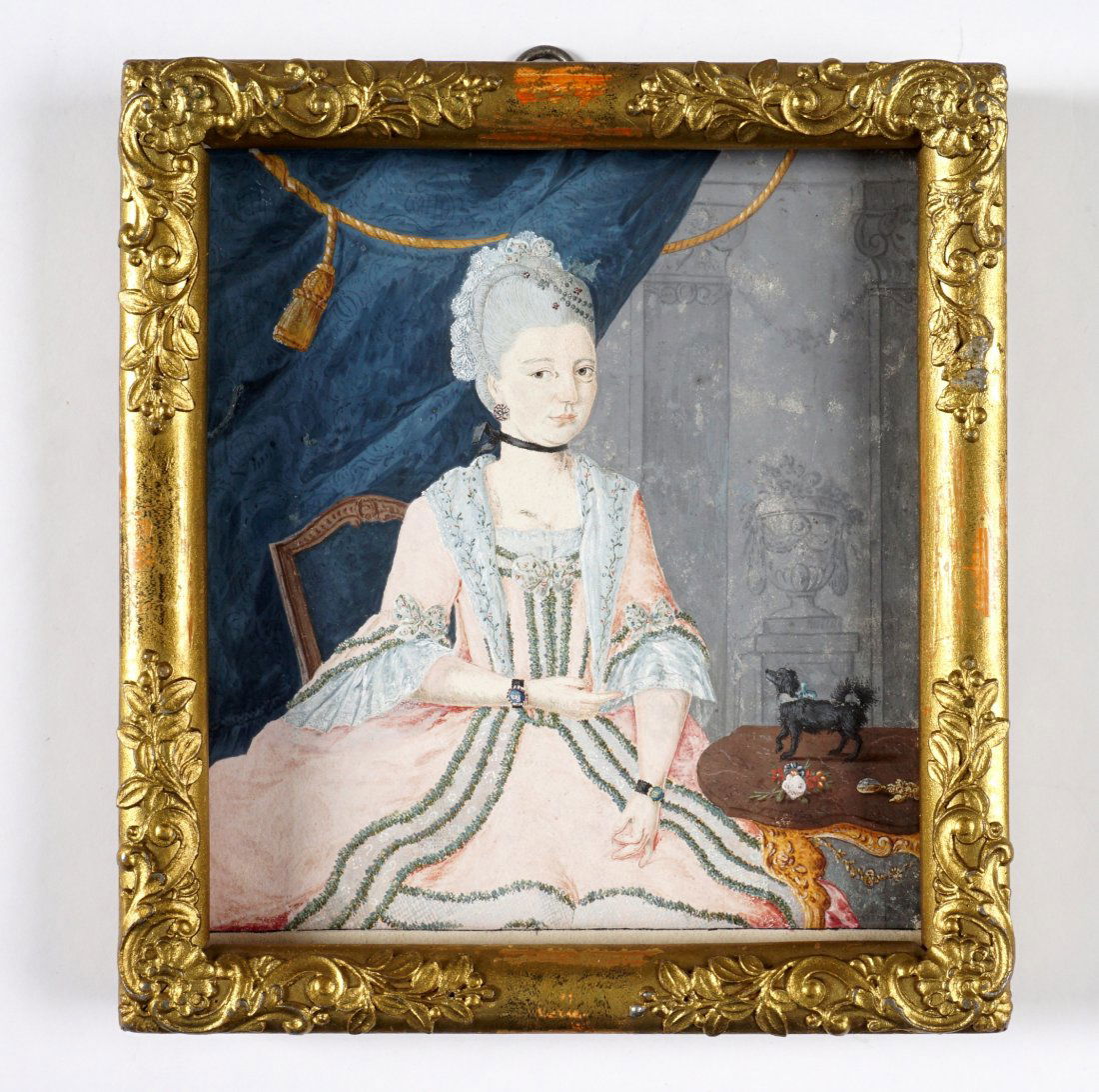 18th Century Watercolor Portrait of Noblewoman: Portrait of a seated 18th Century European noblewoman seated at a table and gesturing to a miniature dog. Black neck band, double black wristlets, pink court gown, sight size 5" x 4.5", carved frame 6