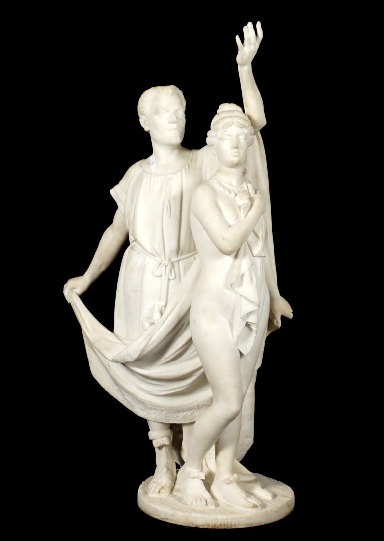 Ferdinando Vichi Carved Marble Sculpture of Lovers: VICHI, Fernidando, (Italian, 1975-1945): Neoclassical carved marble figural group of two lovers, signed on base, overall 42" h. x 23" x 12.5". Condition: Man with restoration to right hand, woman with