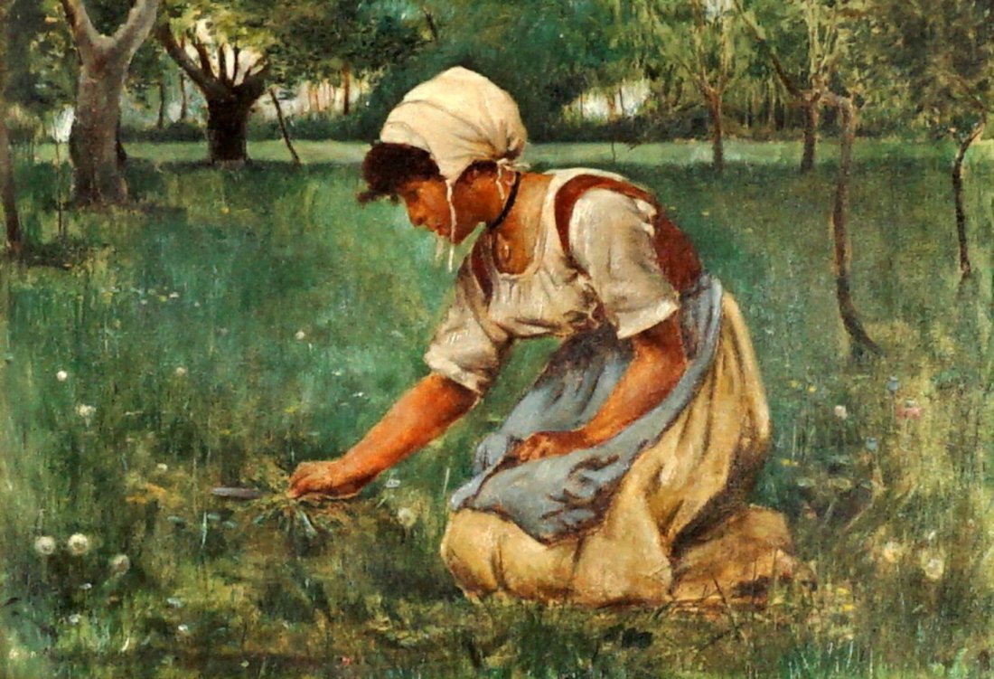 Charles Sprague Pearce Girl in Field Painting: PEARCE, Charles Sprague, (American, 1851-1914): Maiden in wooded field picking herbs, Oil/Canvas, signed lower left, 14" x 20", gilt framed 22.5" x 28" x 2.75".