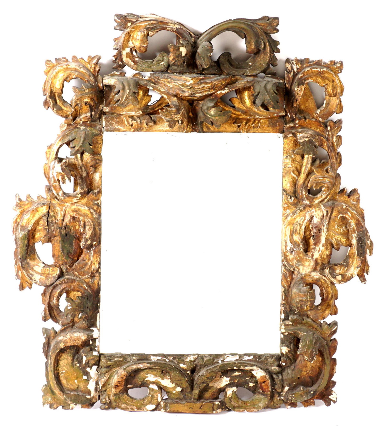 18th Century Continental Carved Gilt Wood Mirror: Robust carved gilt wood foliate scroll frame, center replacement rectangular mirror, overall 42.75" x 39" x 4". Condition: Chips and loss of decoration.