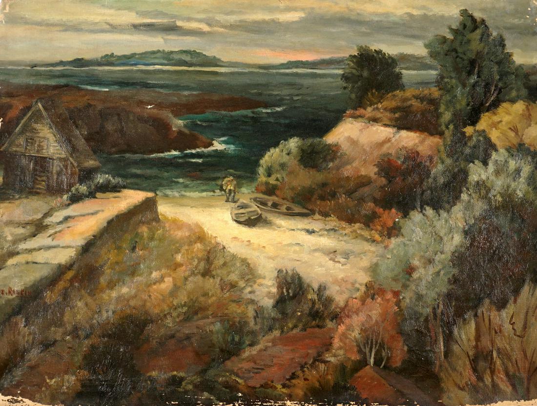 Joseph Raskin New England Coastal Painting: RASKIN, Joseph, (American, 1897-1981): New England coastal scene with house, figure, and boat, Oil/Canvas, signed lower left, 30" x 40", unstretched and unframed. Condition: Paint fleck and loss, unst