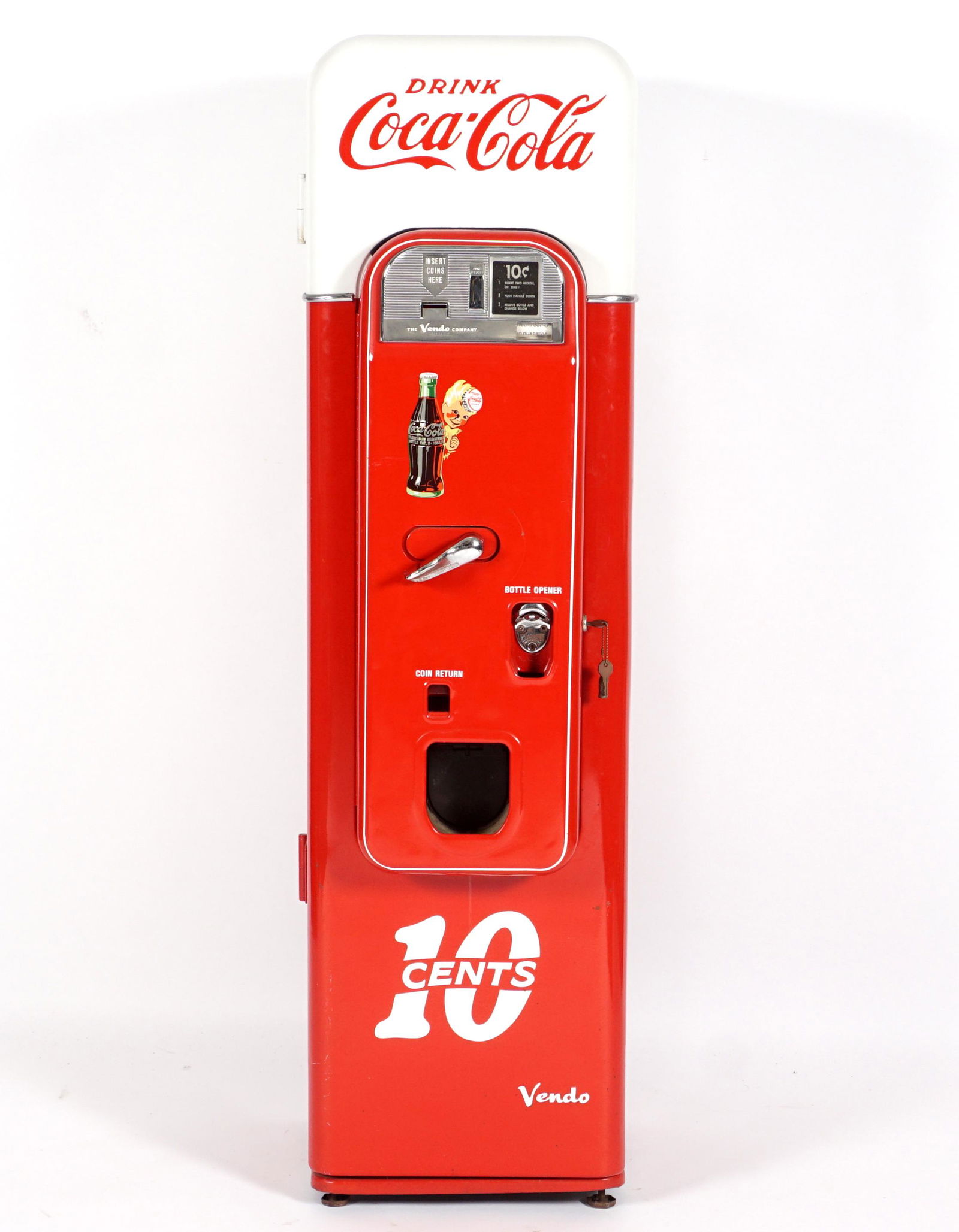 Coca Cola Vendo 44 Upright Vending Machine: Classic red and white design, embossed "Drink Coca-Cola" top of door, older well don restoration, decals applied to sides and front. Overall 58.25" h. x 16.5" x 20.5" Condition: Scratches, currently r