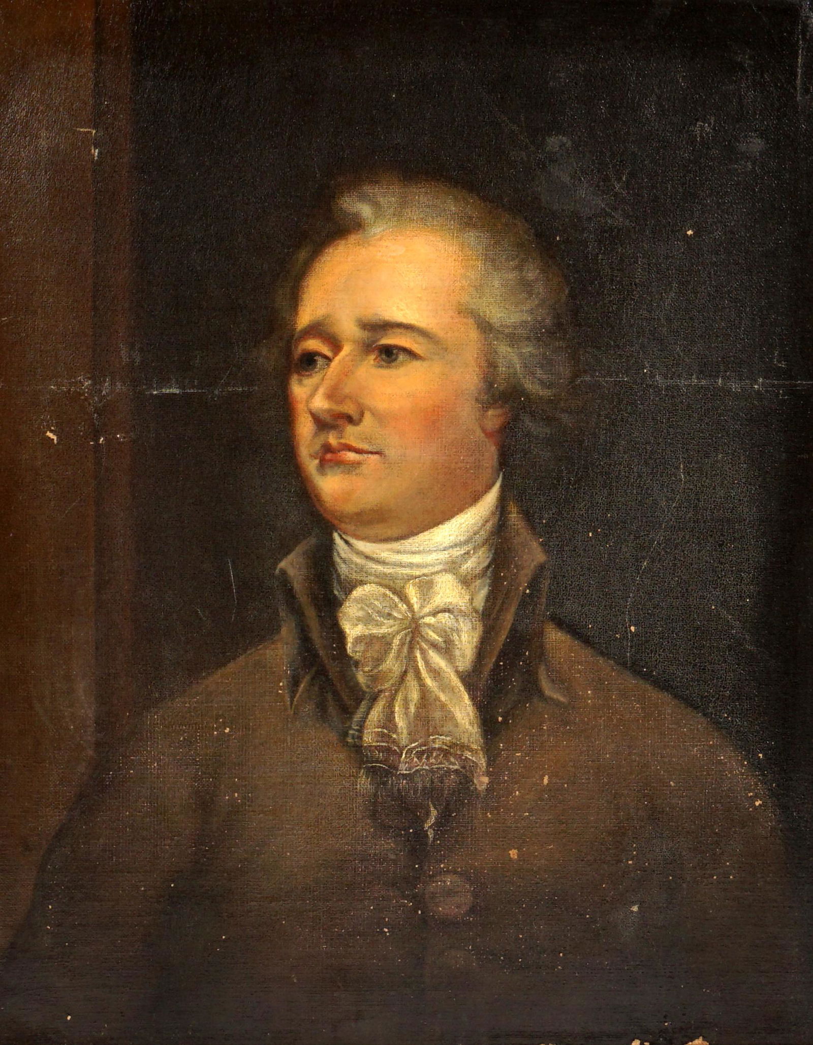 attrib. John Trumbull Portrait Alexander Hamilton: attributed TRUMBULL, John, (American, 1756-1843): Half length portrait of Alexander Hamilton, Oil/Canvas, no visible signature, older paper labels and pencil writing on stretcher verso, 30" x 24", fra