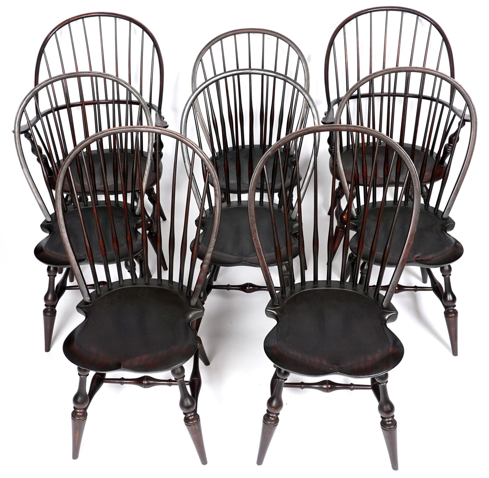 Eight D. R. Dimes Windsor Chairs: Eight hand crafted Windsor chairs by D. R. Dimes, black crackle finish, two arm chairs and six side chairs. Arm chairs measures 41.5" x 25.5" x 20.5". Condition: Minor signs of wear and use.