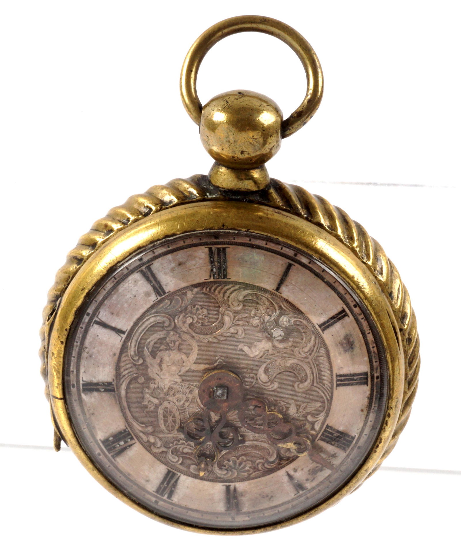 18th C. Bronze Case Jacob Kapler Fusee Pocket Watch: Pocket watch with convex glass crystal, silvered dial having vignette of chariot and winged angels, Roman numerals, pierced hands. Case with rope border, key opening in back. Movement signed Jacob Kap