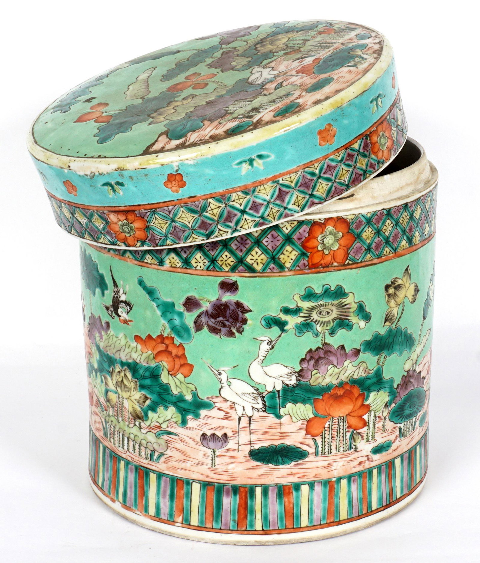 Chinese Famille Verte Covered Jar: Large cylindrical covered jar, famille verte landscape with birds and flowers decoration, unmarked, overall 10.75" x 9.25". Condition: Inner rim chips.
