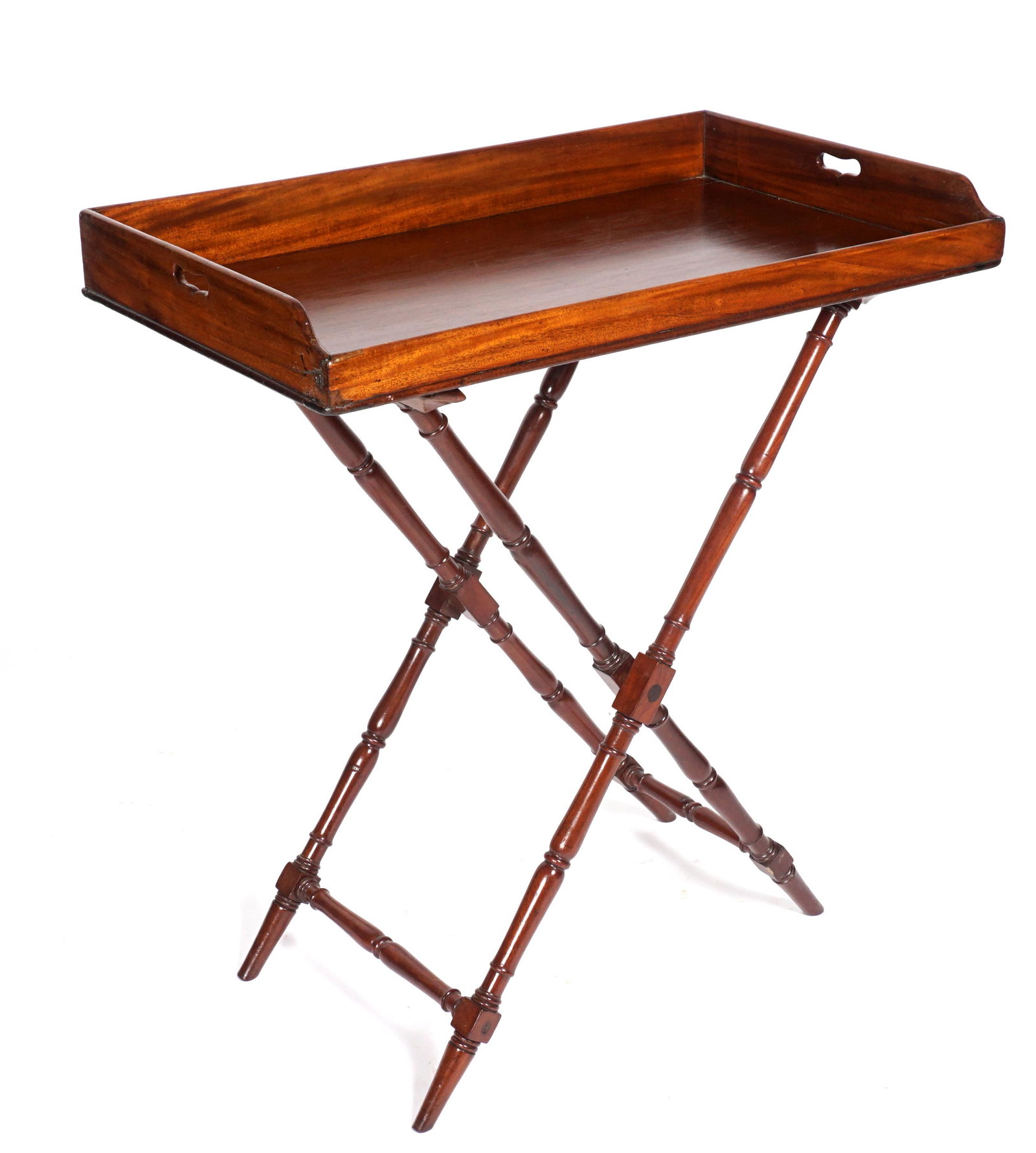 19th C. English Mahogany Butlers Tray on Stand: Two handled mahogany tray on folding stand with turned legs, tray measures 4" h. x 36.5" x 21.5", stand open 36.5" h. x 26" x 19.25". Condition: Crack and chips in tray.