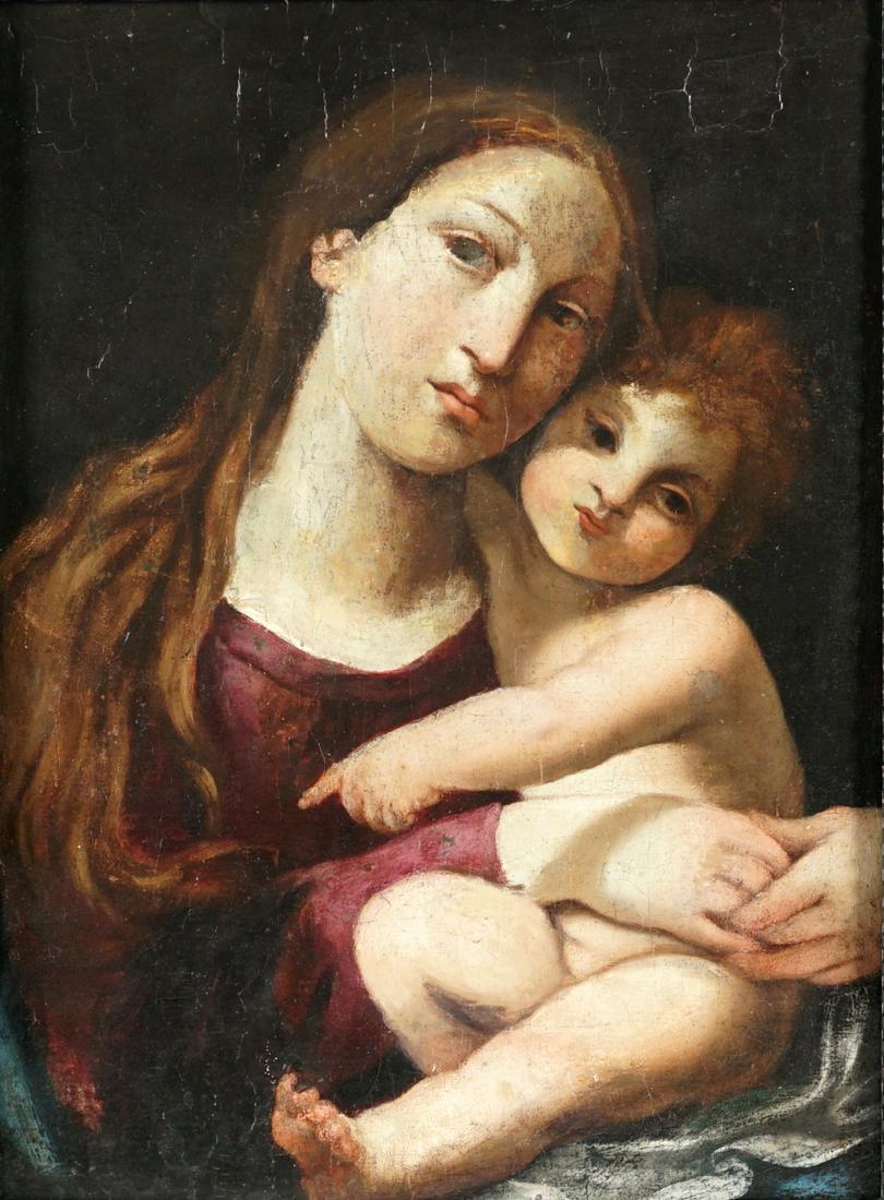 attrib. Carlo Cignani Portrait of Mother & Child: attributed CIGNANI, Carlo, (Italian, 1628-1719): Portrait of Mother and Child, appears to be Oil/Plaster on Wood Panel, no visible signature, pencil attribution and red wax stamps verso, 21.5:" x 16",