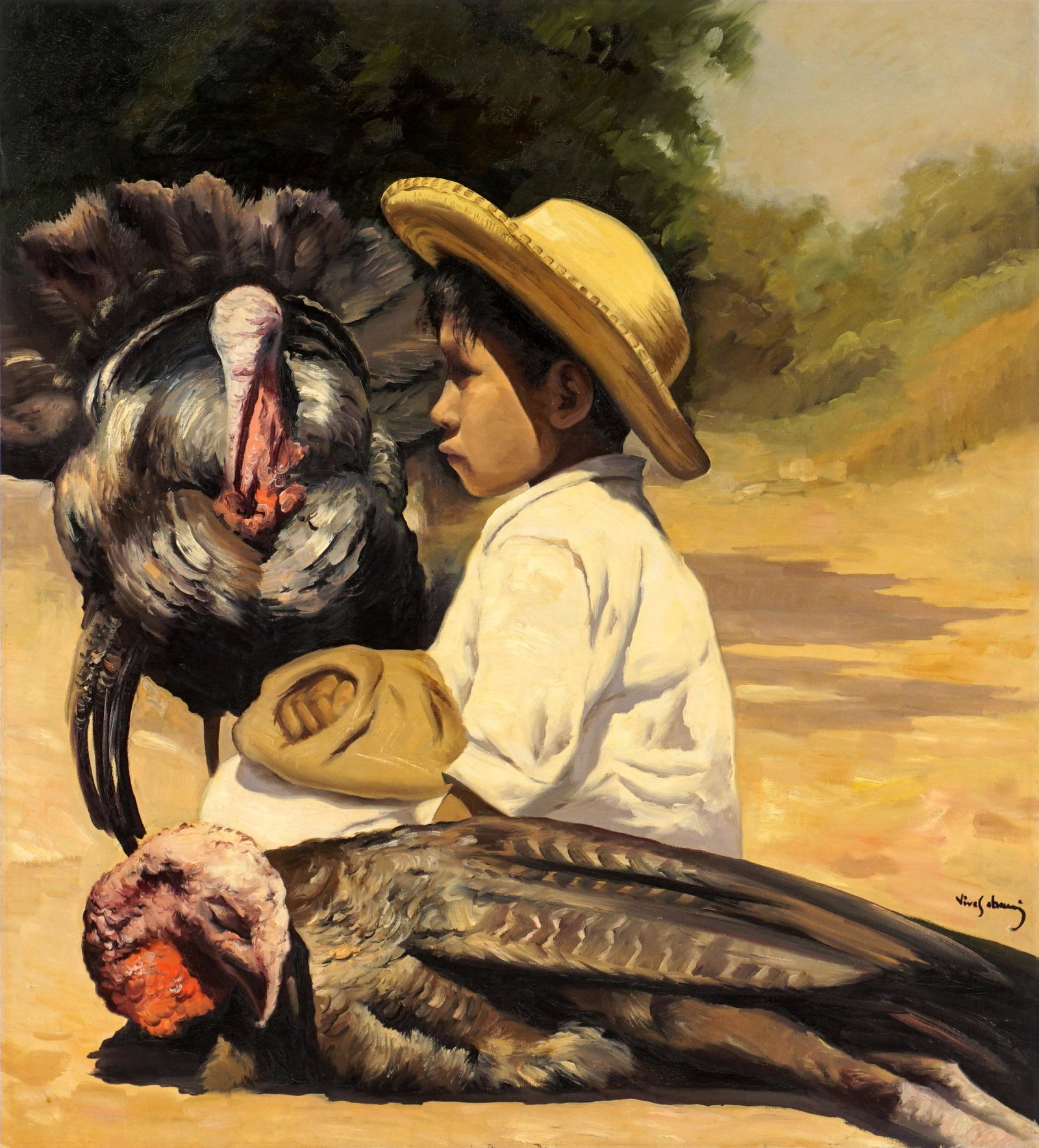 1952 Jose Vives-Atsara Boy with Turkeys Painting: VIVES-ATSARA, Jose, (Spanish/American, 1919-2004): "Muchacho Indigena con Guajolotes", depiction of a young Mexican boy seated with two turkeys by his side, Oil/Canvas, signed lower right; signed, dat