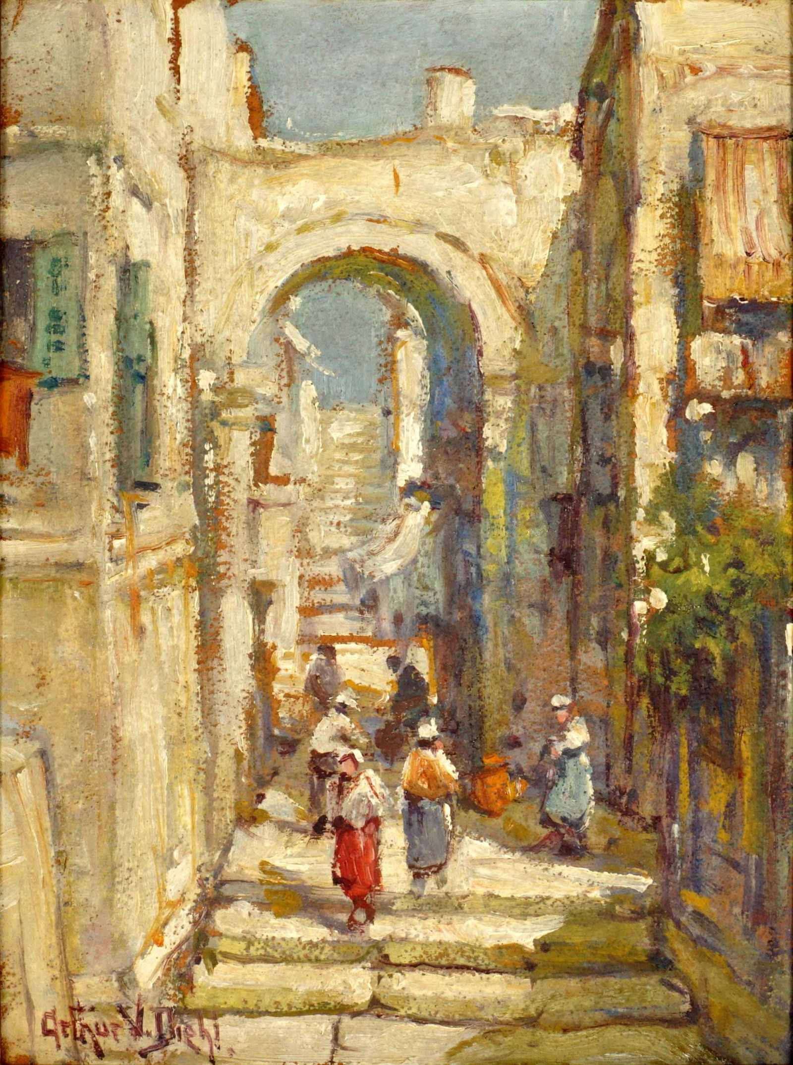 Arthur Diehl Italian City Painting: DIEHL, Arthur Vidal, (English/American, 1870-1929): Italian alley city scene with figures, Oil/Artist Board, signed lower left, 12" x 9", framed 13.25" x 10.25".