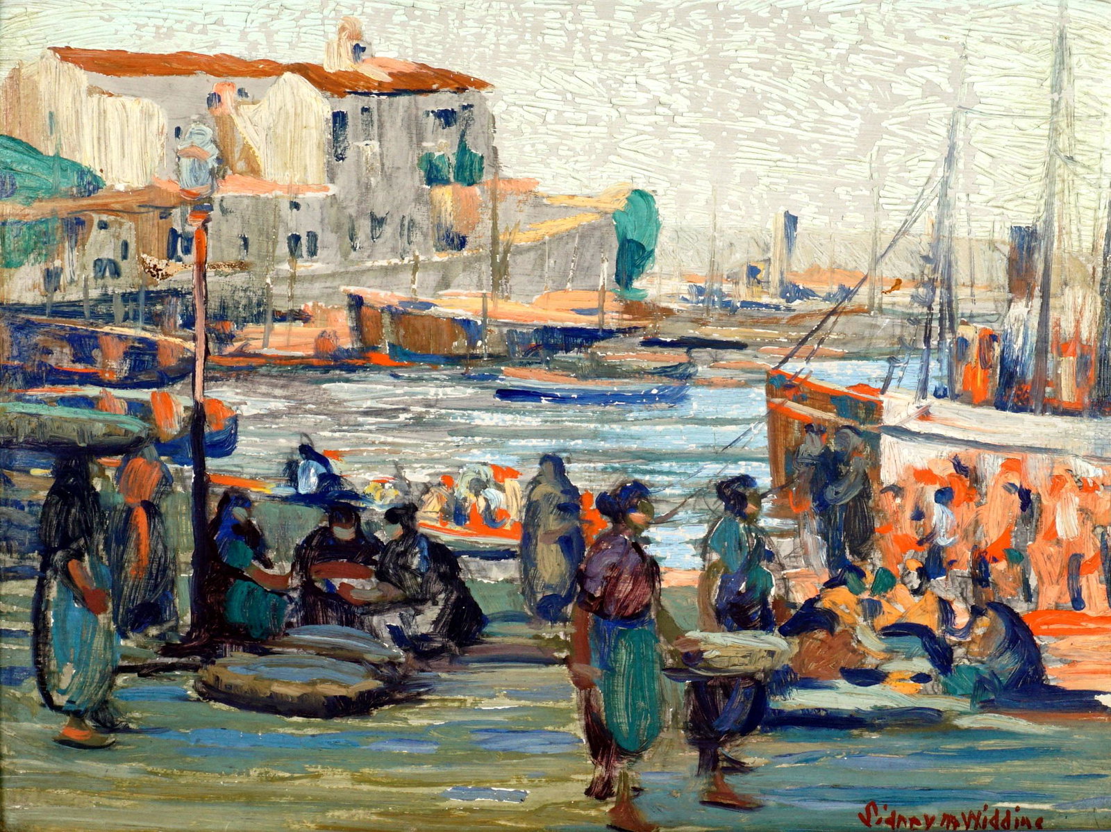 Sidney Miller Wiggens Harbor Scene Painting: WIGGENS, Sidney Miller, (American, 1881-1940): Spanish waterfront harbor scene, Oil/Artist Board, signed lower right, 12" x 16", framed 16" x 20". Condition: Paint flake and loss upper third.