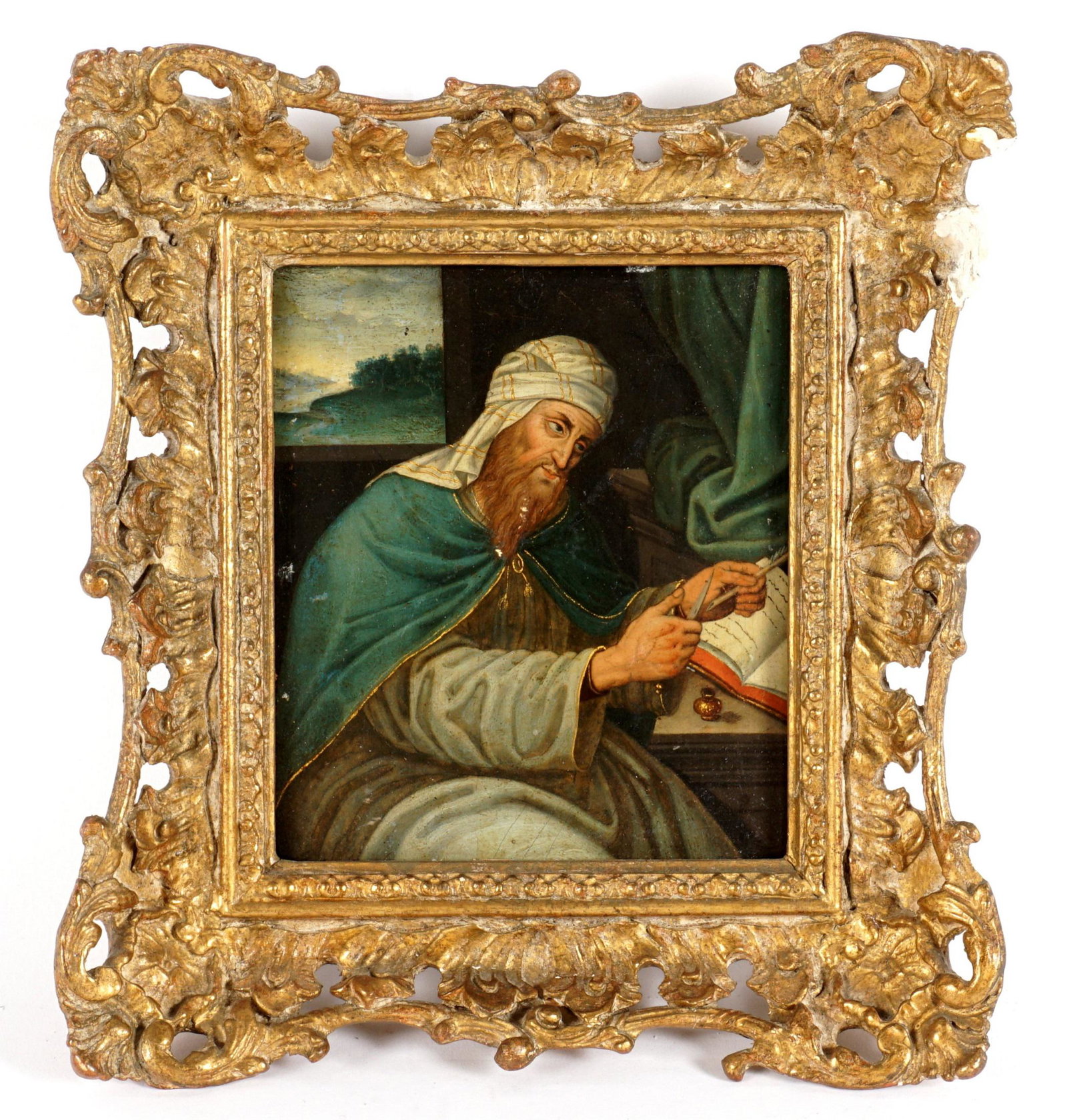 18th C. Portrait of Russian Priest or Scholar: Portrait of a seated priest or scholar sharpening his quill to continue transcribing into a book, Oil/Panel, 6.25" x 5.5", gilt frame 9.5" x 9". Condition: Scratches, abrasion, minor flake. Chips and