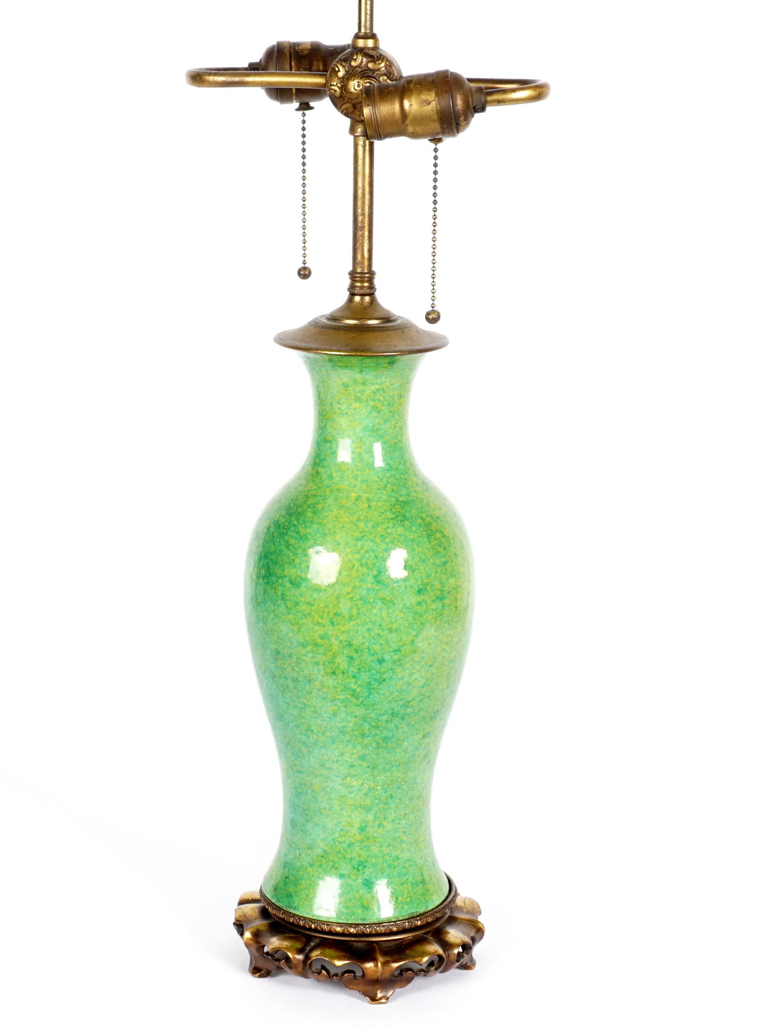 Chinese Mottled Green Porcelain Vase Lamp: Baluster form mottled green glaze vase body over cast brass bass, double light fixture, overall 35.5" h. x 6.5".