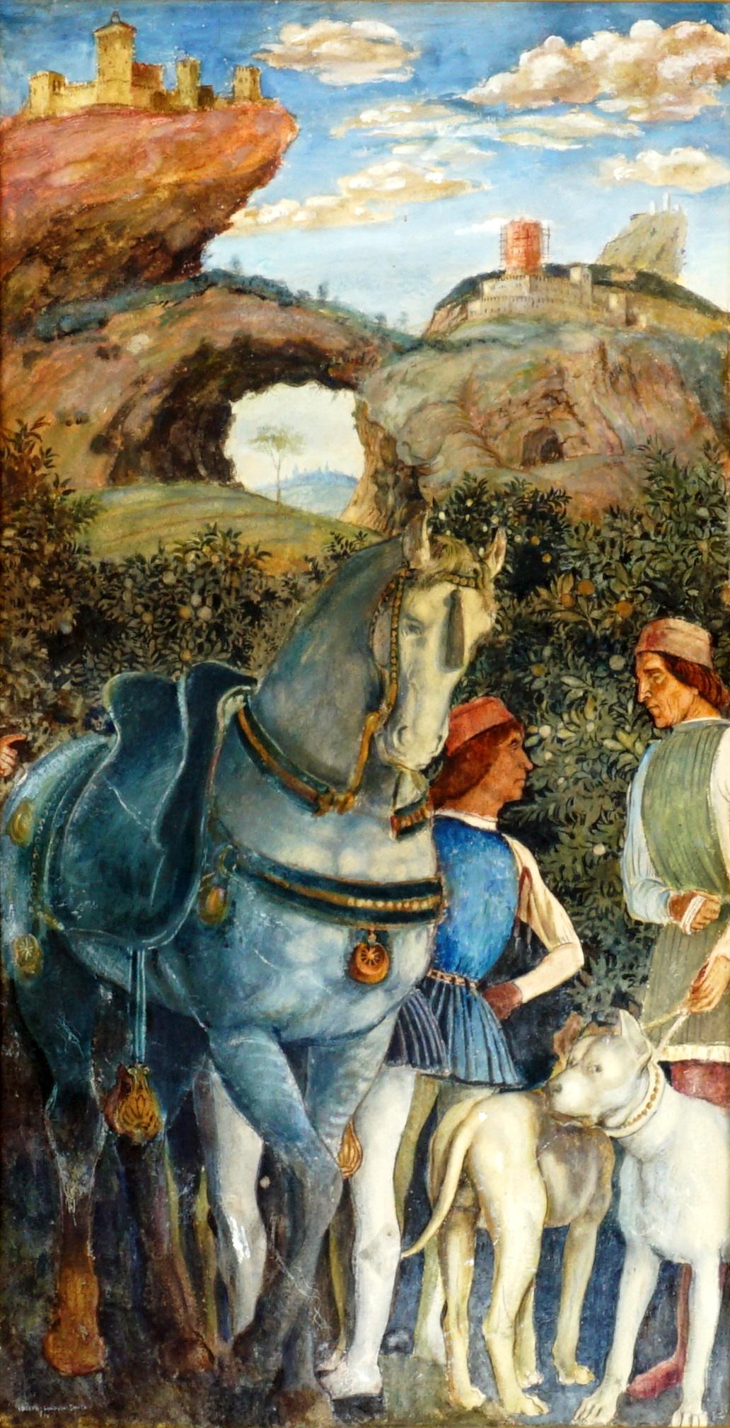 Joseph Lindon Smith Mixed Media Medieval Painting: LINDON SMITH, Joseph, (American, 1963-1960): Fantasy Medieval scene with figures, horse, and dogs in landscape, Watercolor/Goauche on Paper, signed lower right, sight size 20.75" x 10.75, framed 29" x