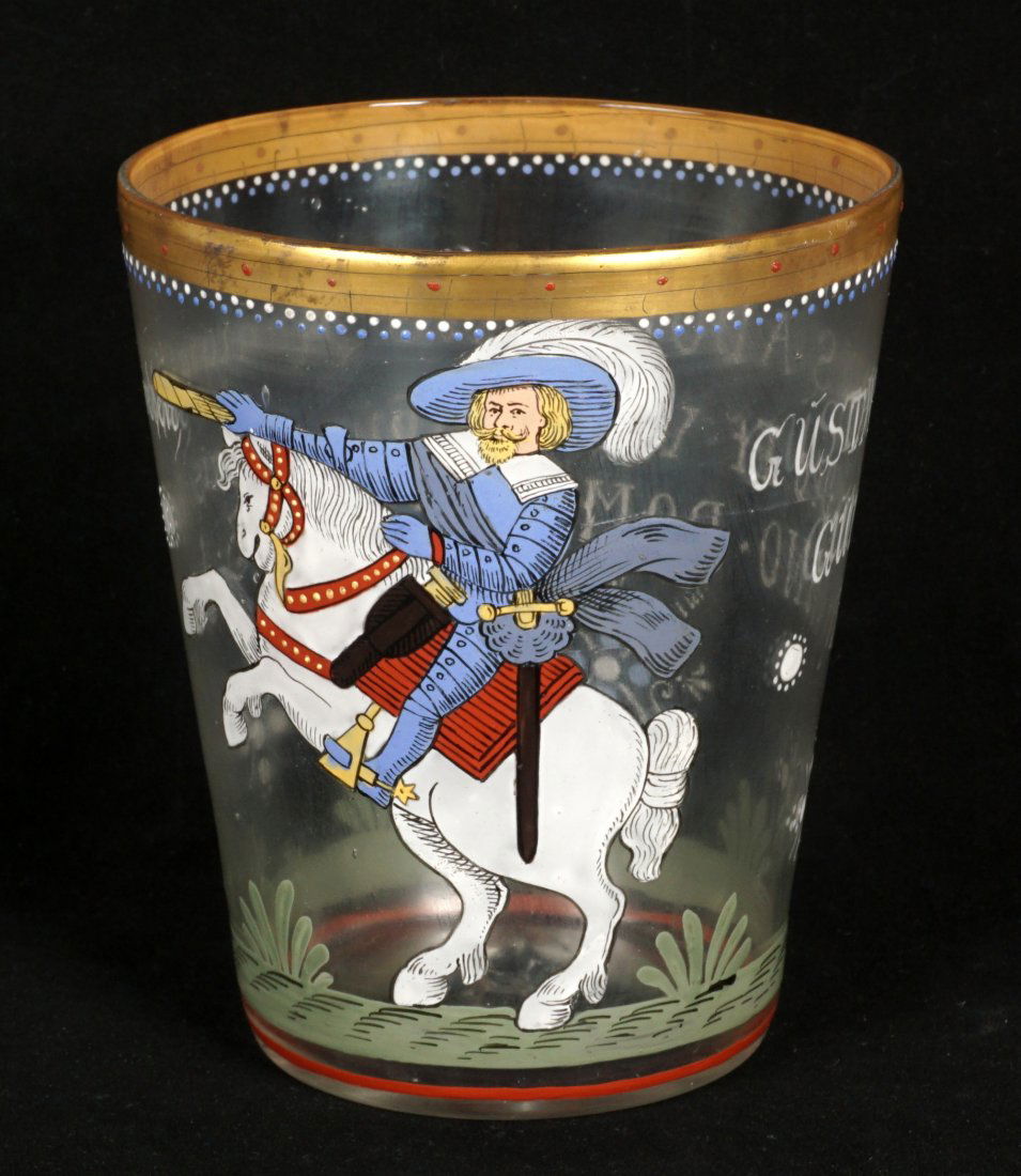 German Enamel Decorated Vase Gustavus Adolphus: 19th Century, most likely Fritz Heckert, hand blown vase depicting Gustavus Adolphus, King of Sweden, Latin inscription verso, rough ponti, 5.5" h. x 4.75" top dia. Condition: Wear to decoration, hazi