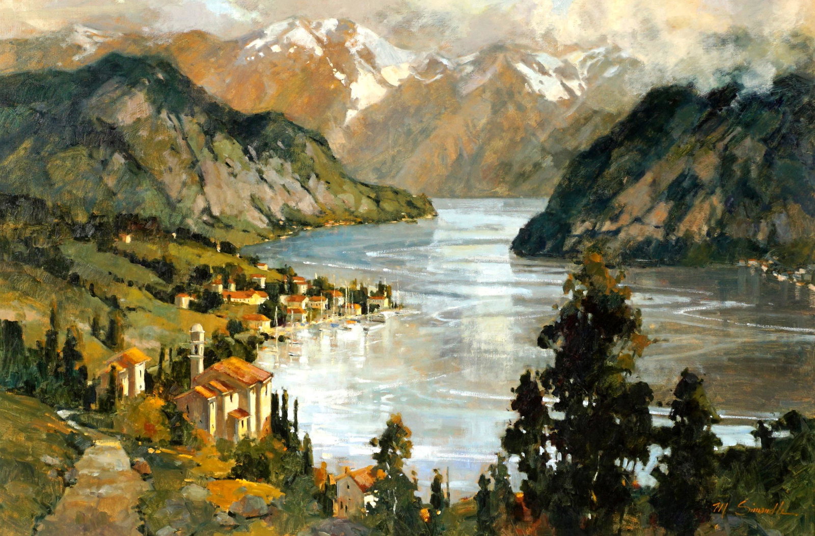 Large Marilyn Simandle Italian Mountain Landscape: SIMANDLE, Marilyn, (American, 1946-): Large picturesque Italian landscape with mountain town on lake, Oil/Canvas, signed lower right, tag on back for $17,000, 40" x 60", framed 51.5" x 71.5".