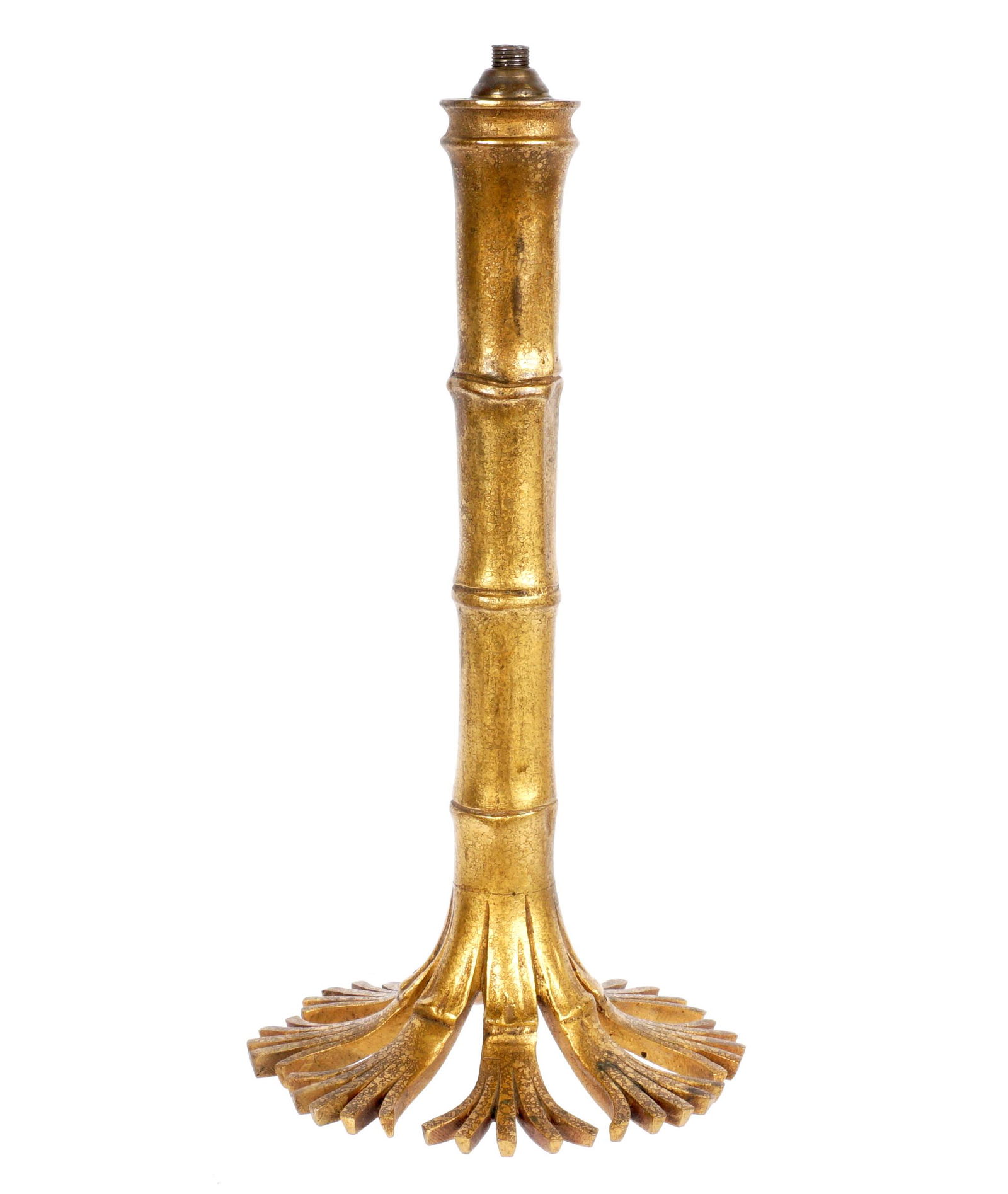 Tiffany Studios Gilt Bronze Bamboo Desk Lamp Base: Gilt bronze bamboo form base for a candlestick lamp, well marked Tiffany Studios, New York, 1205 on splayed base. Overall 10.5" h. x 5" dia.. Condition: Minor spotting to base, in need of wiring.