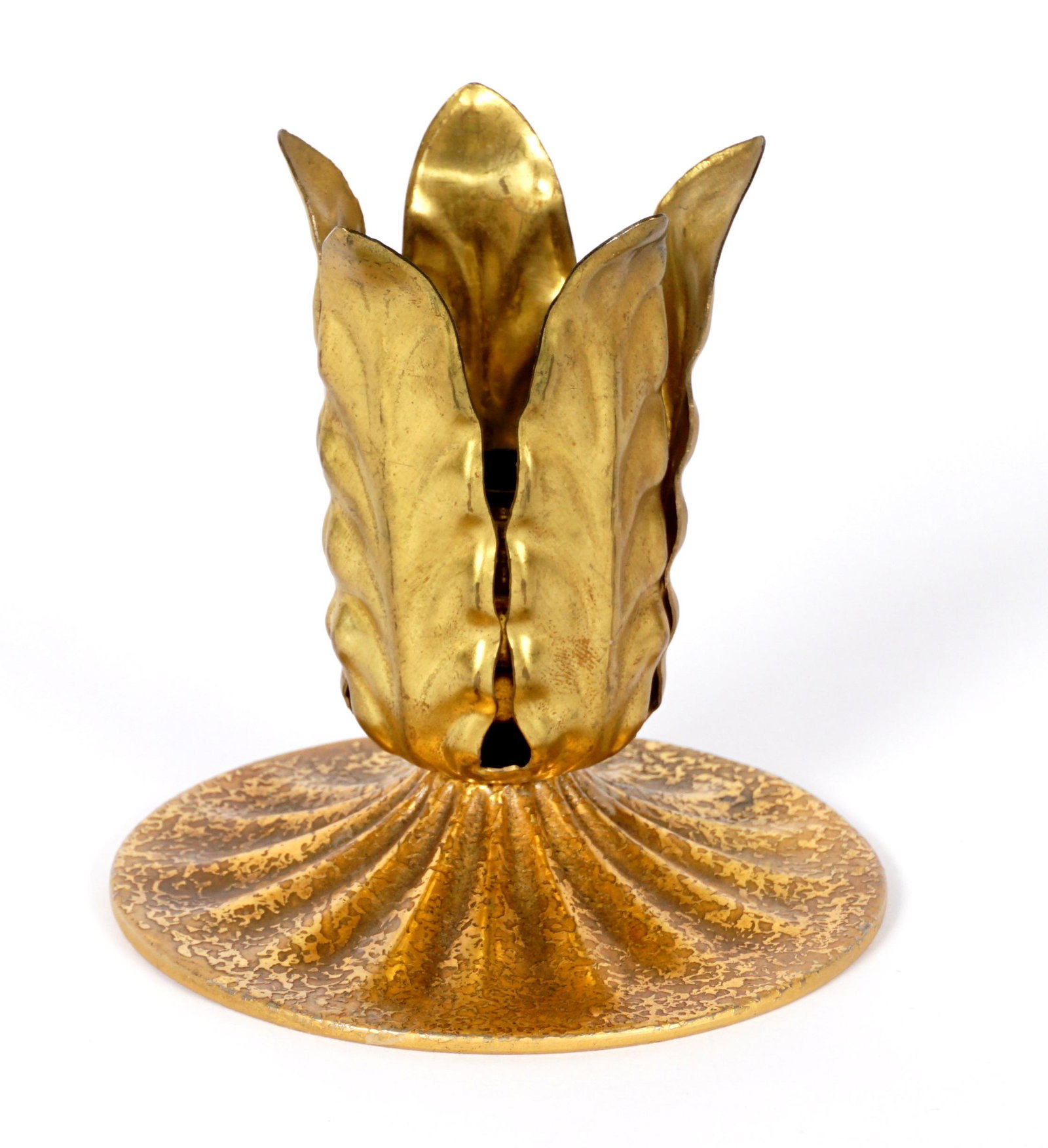 Diminutive Tiffany Studios Gilt Bronze Lamp base: Gilt bronze base marked Tiffany Studios, New York, single socket fixture surrounded by five embossed brass leaves. Overall 4" h. x 4" dia. Condition: In need of wiring.