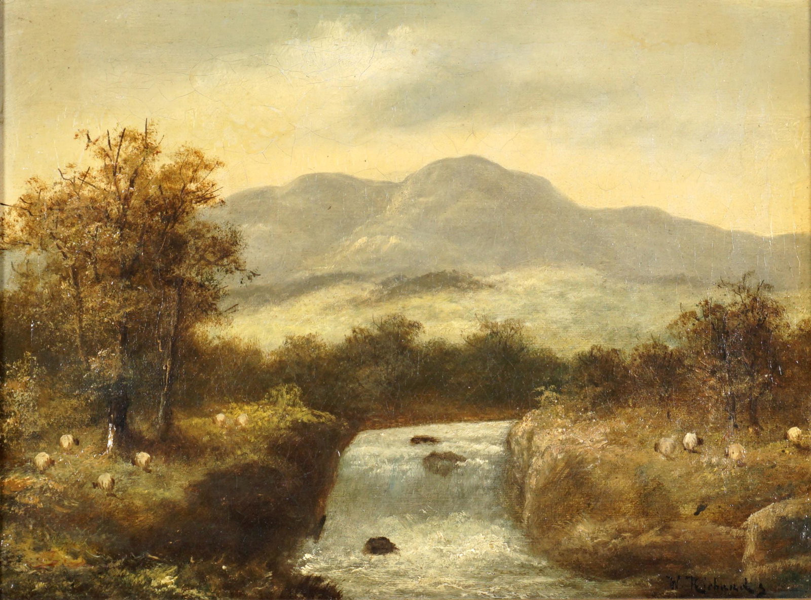 W. Richards / Francis Jamieson Landscape Painting: JAMIESON, Francis, painting as W. Richards, (English, 1895-1950): Landscape with river and sheep, Oil/Canvas, signed lower right, 12" x 16", framed 17.5" x 21.5". Condition: Craquelure throughout, cou