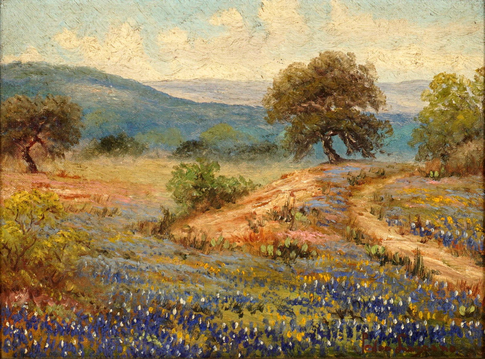 Pedro Lazcano Texas Blue Bonnets Landscape: LAZCANO, Pedro, (American, 1909-1970): Texas Hill Country landscapes with blue bonnets, Oil/Board, signed lower right, 9" x 12", framed 12.5" x 15.5". Condition: Could use a proper cleaning.