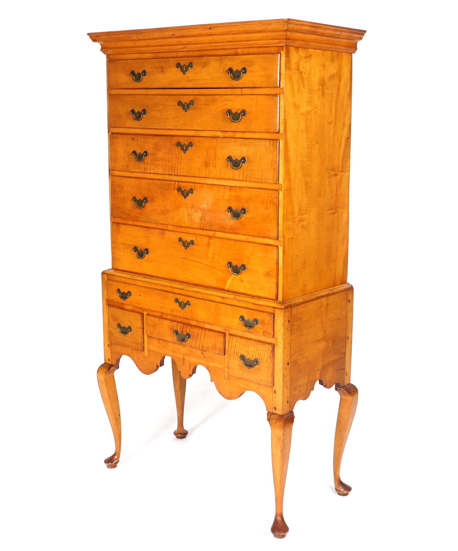 Tiger Maple Queen Anne Highboy: Molded cornice over five graduated drawers, batwing pulls and escutcheons. Base with single drawer over three drawers, scroll scalloped skirt, overall 73" h. x 39" x 20". Condition: Professional resto