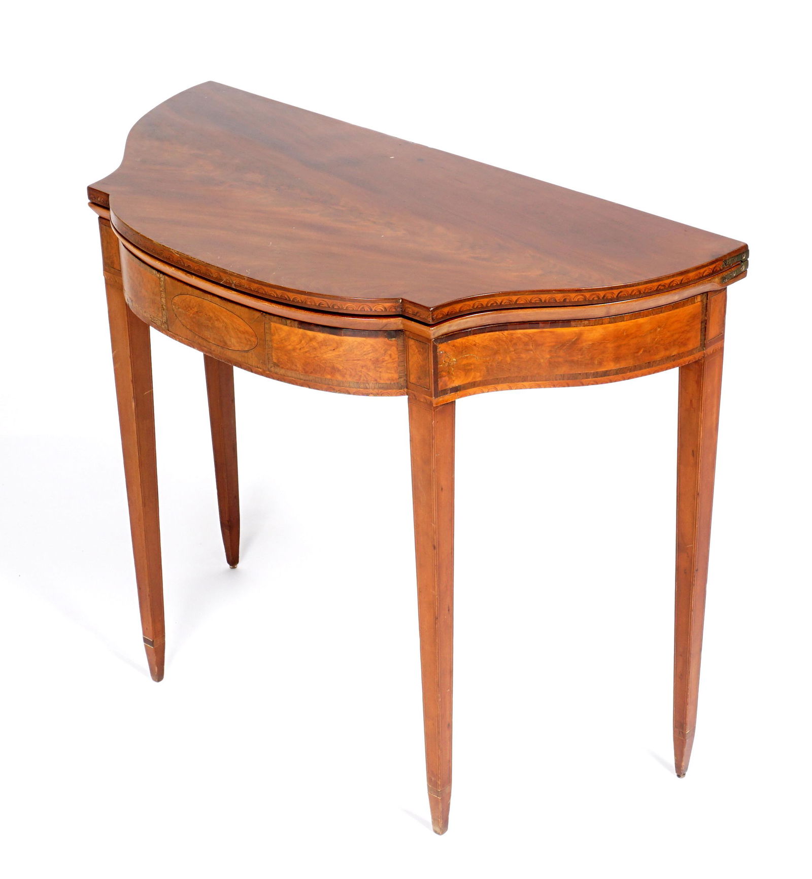 attrib. Thomas Seymour Mahogany Inlaid Game Table: Early 19th Century, attributed to Thomas Seymour, richly grained mahogany top, band of repeating semi-circular inlay on edge. Skirt with banded inlay, center medallion, string inlay tapered legs, sing